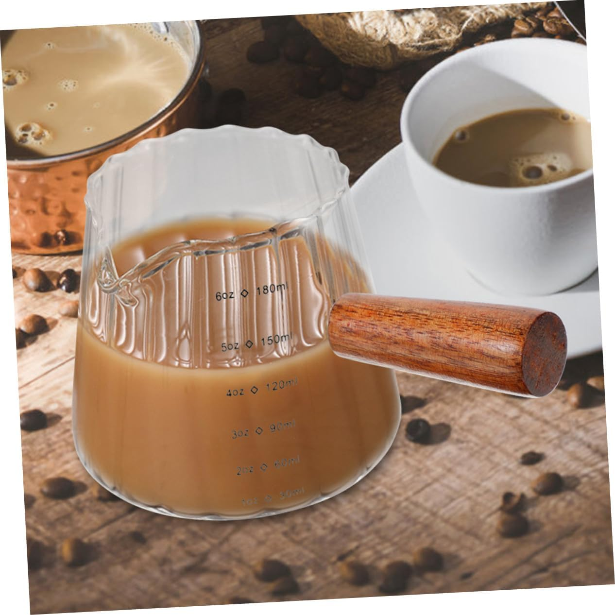 GLEAVI 2Pcs Glass Espresso Measuring Cups with Wooden Handle Milk Frothing Pitchers for Coffee Portion Control Heat-Resistant Mixing Jugs for Home Bar image number 1