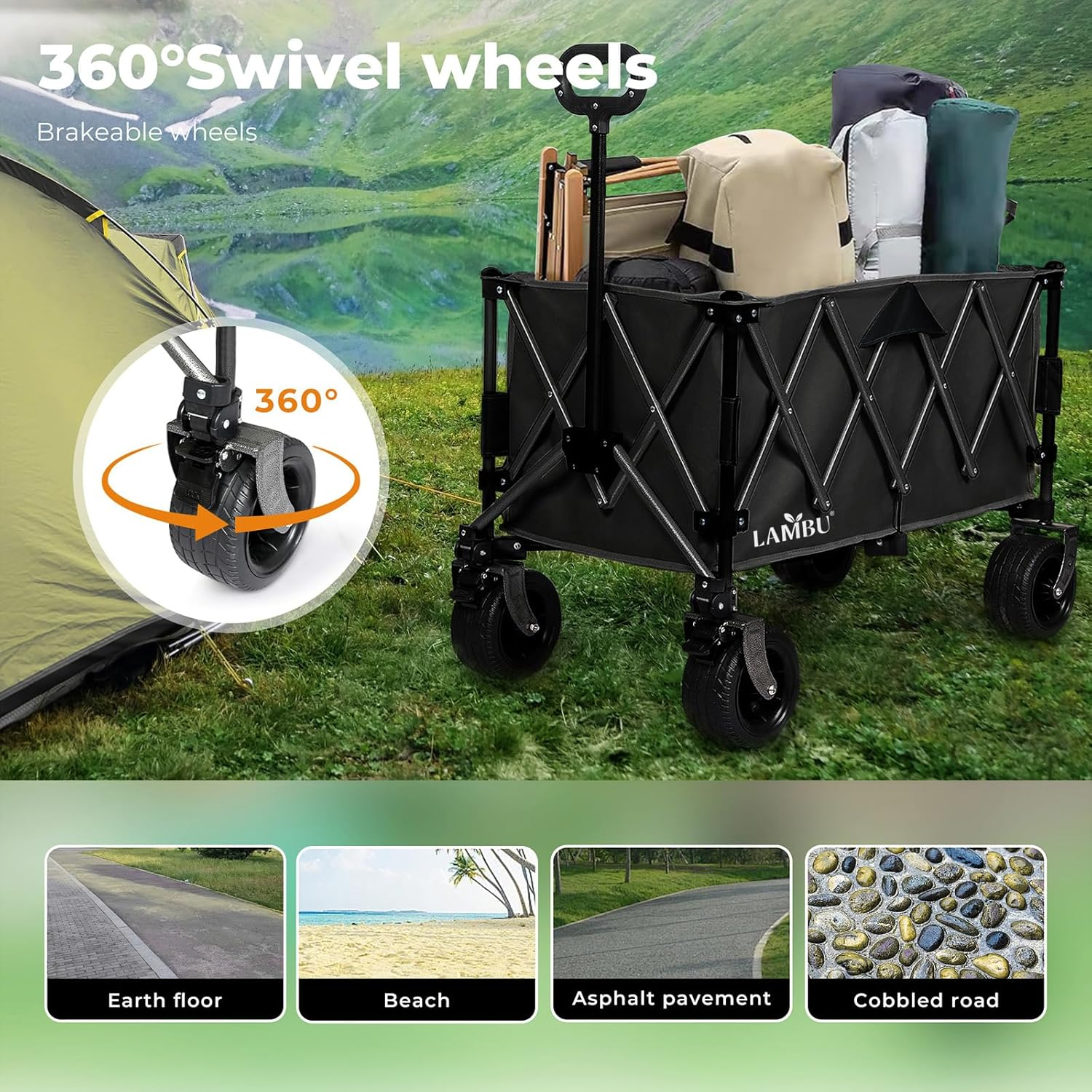 Lambu Foldable Camping Trolley Cart,240L Camping Cart Collapsible Portable Wagon Cart,Heavy Duty Folding Wagon Large Capacity Shopping Cart,Garden Outdoor Park Utility Beach Trolley (Black) image number 2
