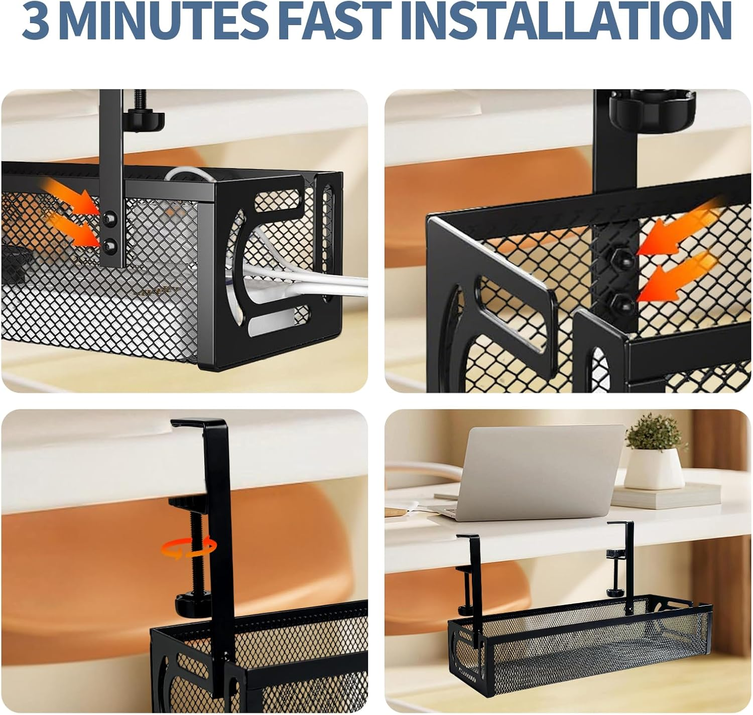 Under Desk Cable Management Tray No Drill, Metal Mesh with Clamp Mount, 2 Hole Wire and Cord Organizer for Home Office Standing Desk, Black image number 1