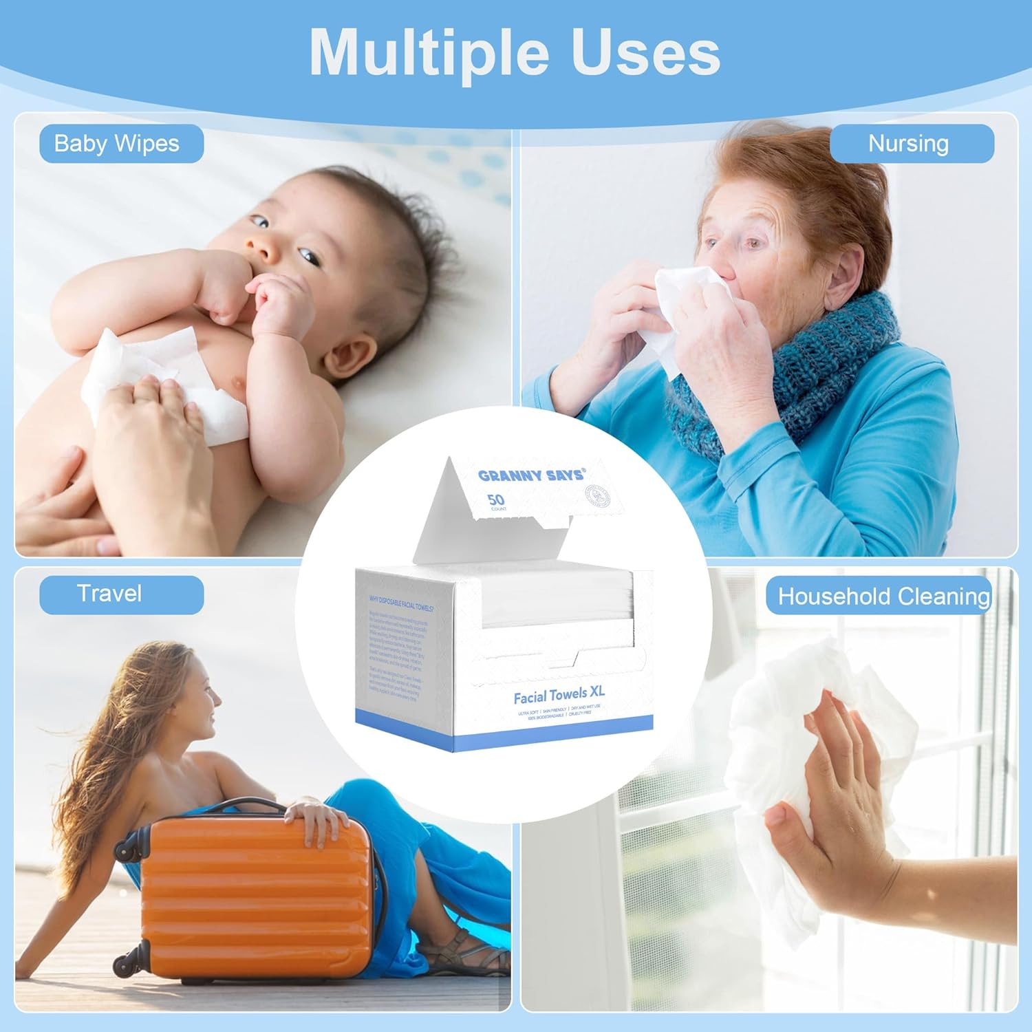 GRANNY SAYS Disposable Face Towel XL,100 Count Clean Towels, Double-Sided Face Wipes for Sensitive Skin, Disposable Face Towelette, Large Facial Washcloth, Multi-Purpose Makeup Remover, Dry Wipes image number 2