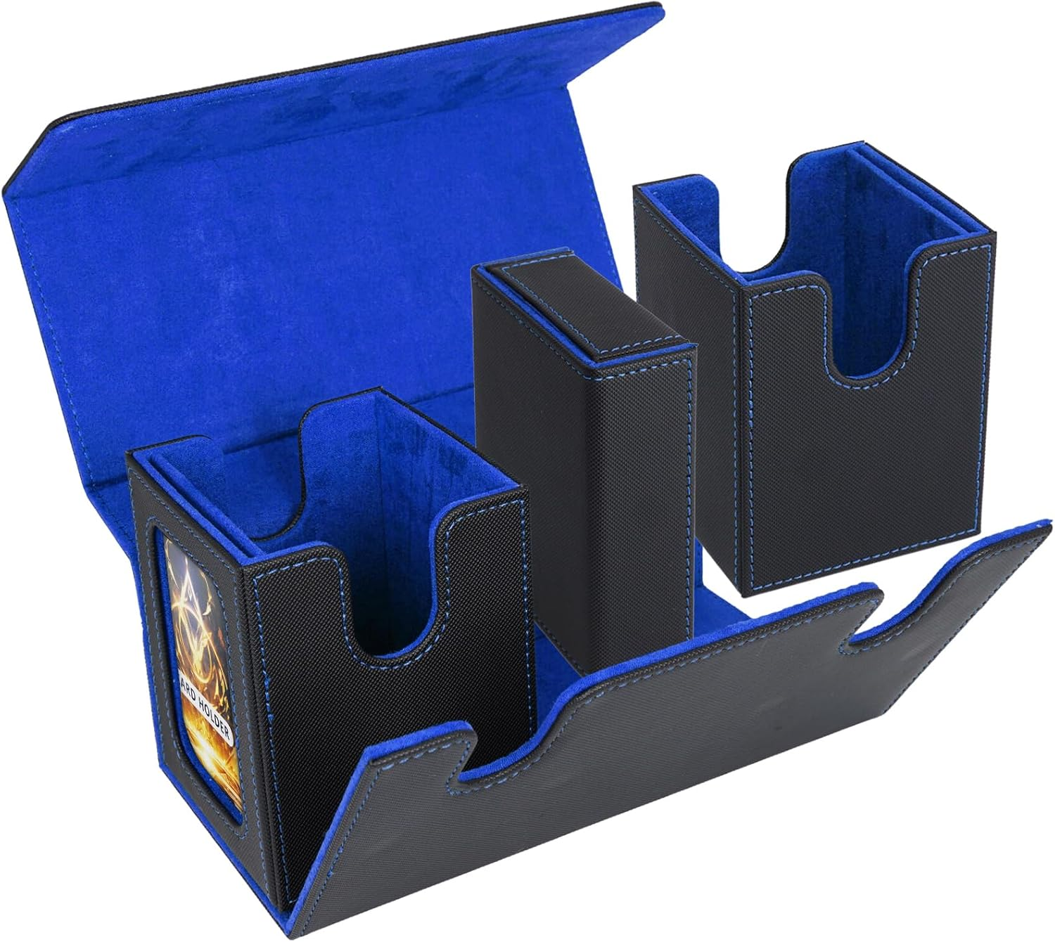 AFIING MTG Commander Card Storage Box - Fits 200 Double Sleeved Cards,3-In-1Card Deck Case,Strong Magnet Card Organizer for Magic Commander TCG Ccg,4Dividers &2 Toploaders, Black/Blue - Black Gold image number 4