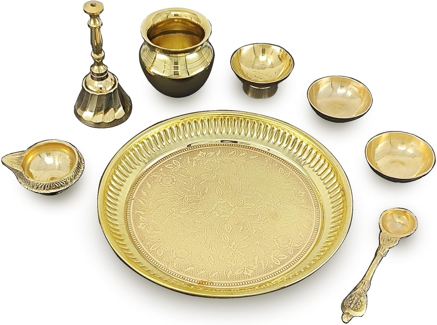 NOBILITY Brass Pooja Thali Set Small 6 Inch Puja Thali with Pital Plate Chandan Wati Kalash Kuber Diya Ghanti Palli Arti Thali for Diwali Home Office Mandir Wedding Return Gift Items image number 5