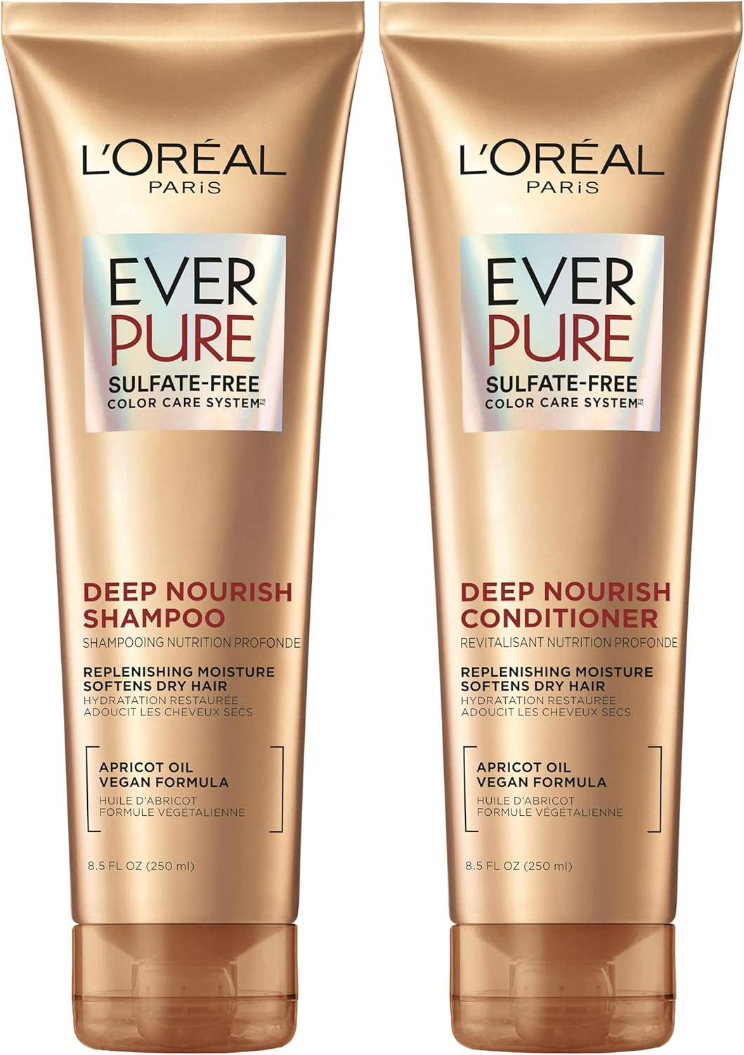 L'Oreal Paris Sulfate Free Shampoo and Conditioner for Dry Hair, Triple Action Hydration for Dry, Brittle or Color Treated Hair, Apricot Oil Infused Hair Care, Everpure, 8.5 Fl Oz, Set of 2 image number 4