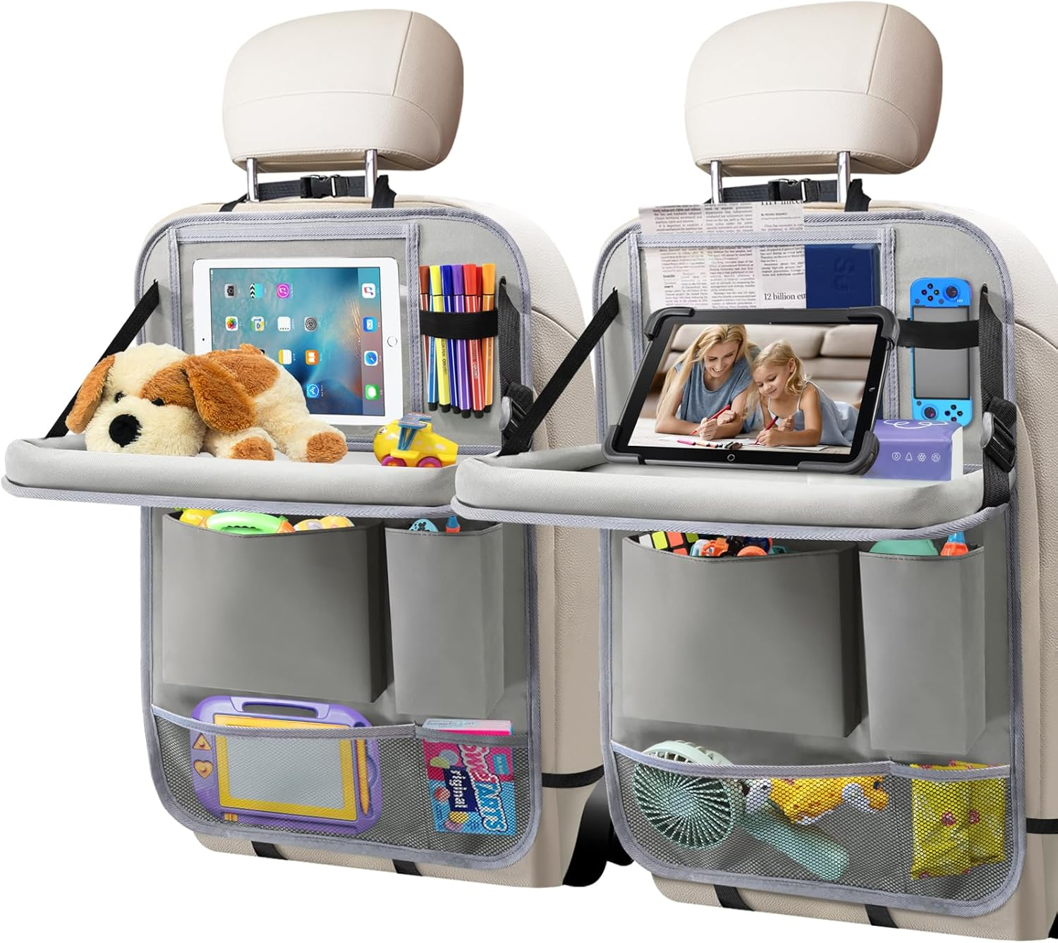 Etre Jeune Car Backseat Organizer with Tablet Holder, 6 Storage Pockets Foldable Table Tray Seat Back Protectors Kick Mats Travel Accessories, 2 Pack Black