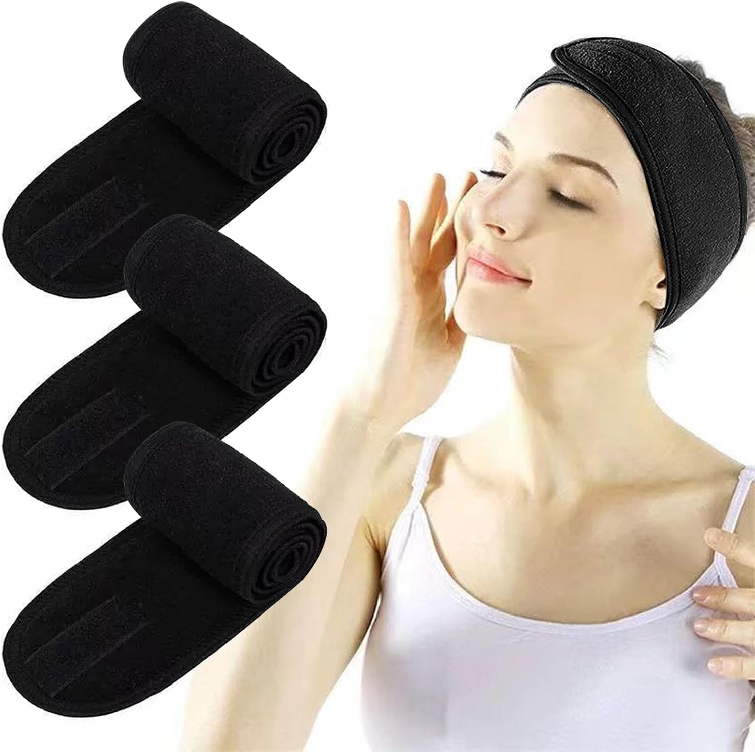 4 Pcs Facial Headband - Terry Cloth Head Wrap with Magic Tape, Stretchable Towel for Bath, Makeup and Sport image number 1