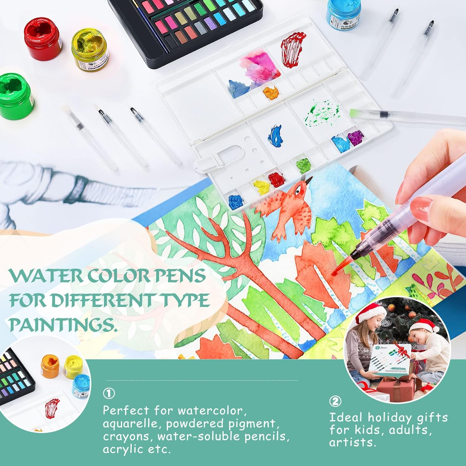 Premium Watercolor Brush Pens Set - 12Pcs Leakproof Water Brush Pen with Assorted Tips, Refillable Paint Pens for Arts, Value Set image number 4