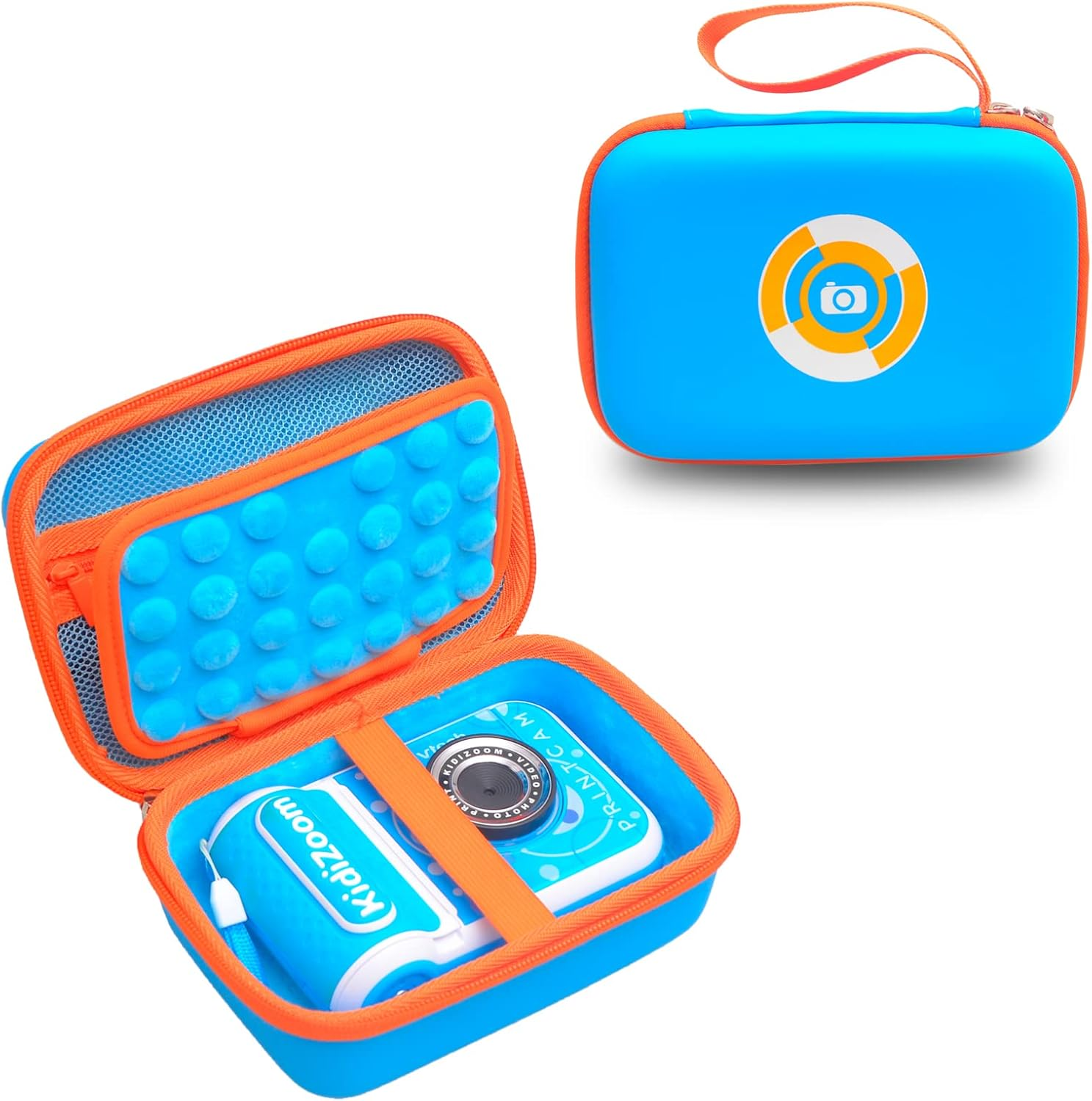 BTOPCASE Hard PU EVA Carrying Protective Storage Cover Case for VTECH Kidizoom Duo/Duo Dx/Duo Deluxe/Printcam/Twist/Pix Selfie Camera, (Blue Pu-Blue Villus Interior with Orange Zipper)