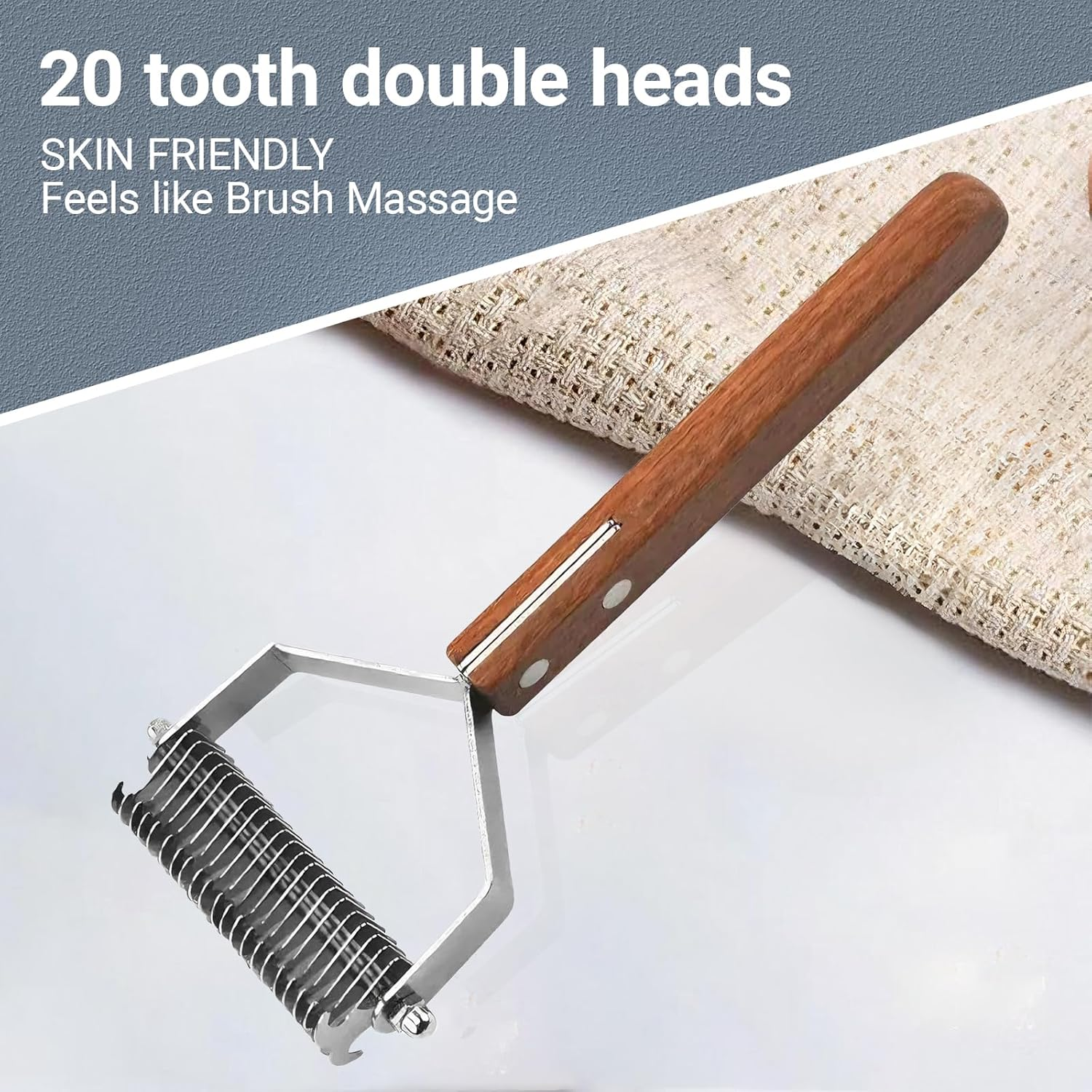 Double Sided Dog Deshedding Brush Extra Large Dematting Tool Undercoat Rake Stainless Steel Teeth, Wood Handle for Long Haired Dogs Cats German Shepherds Huskies Gentle on Skin