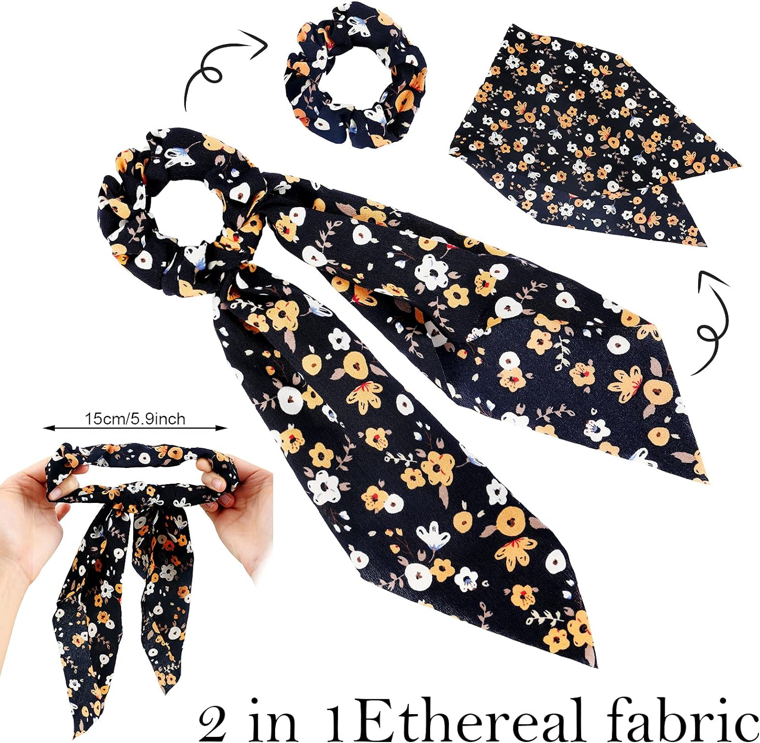 Chuangdi 10 Pcs Hair Scrunchies Hair Scarf with Ribbon Bunny Ears Chiffon Floral Bow Ponytail Holder Boho Elastic Floral Ropes 2 in 1 Vintage Accessories for Women (Ditsy Print) image number 2