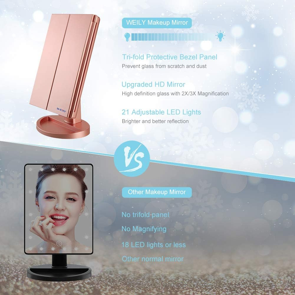 WEILY Lighted Makeup Mirror, Tri-Fold Vanity Mirror with 1X/2X/3X Magnification Mirrors, 21 Natural LED Nights and Touch Screen, Chargeable Travel Cosmetic Mirror for Desktop (Rose Gold) image number 6