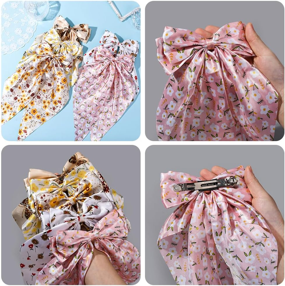 SOFPLATE 1 Box 5 Styles Women'S Hair Bow Coquette Bows Large Quantity Soft Ribbon Long Tail Floral Pattern Spring Butterfly Sun Flowers Bow Hair Clips for Women Everyday Wear image number 2