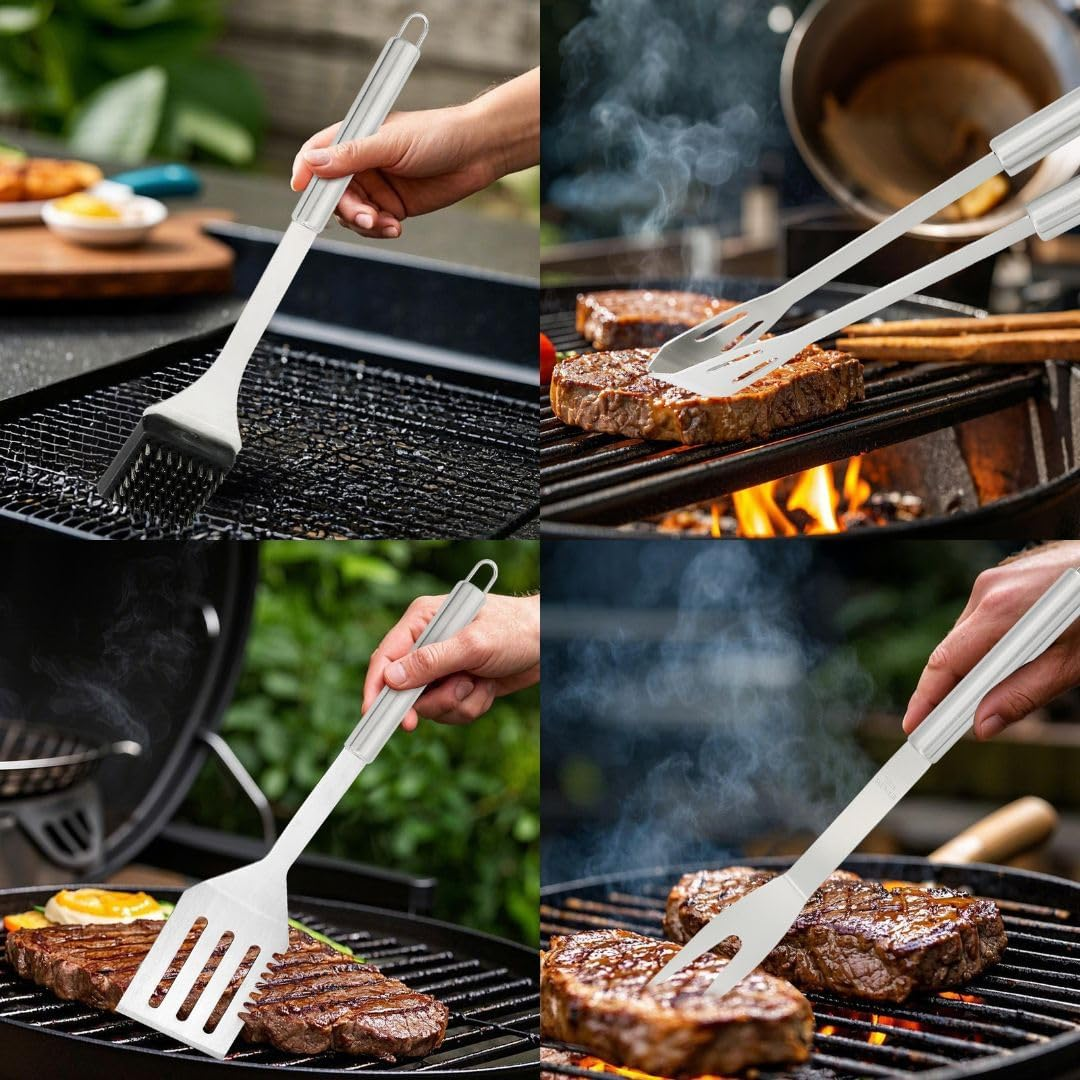 Stainless Steel BBQ Grill Tool Set - BBQ Accessories & Grill Tools, Durable Stainless-Steel Utensils, Spatula, Tongs, Cleaning Brush & More, Grilling Gift for Men, Dad Outdoor Gifts image number 4