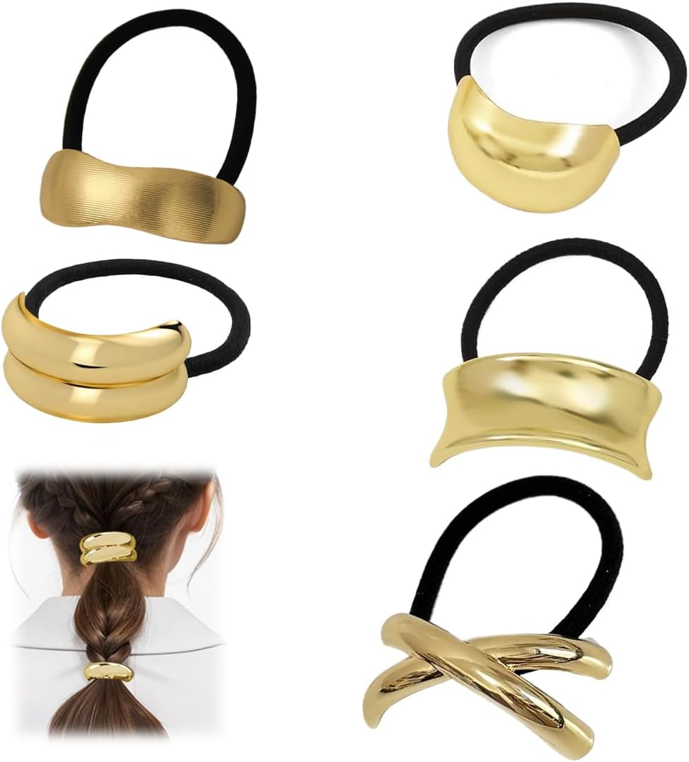 YUZNA Pack of 5 Elastic Metal Hair Bobbles for Ponytails, Thick Hair, Hair Accessories for Women (Gold) image number 2