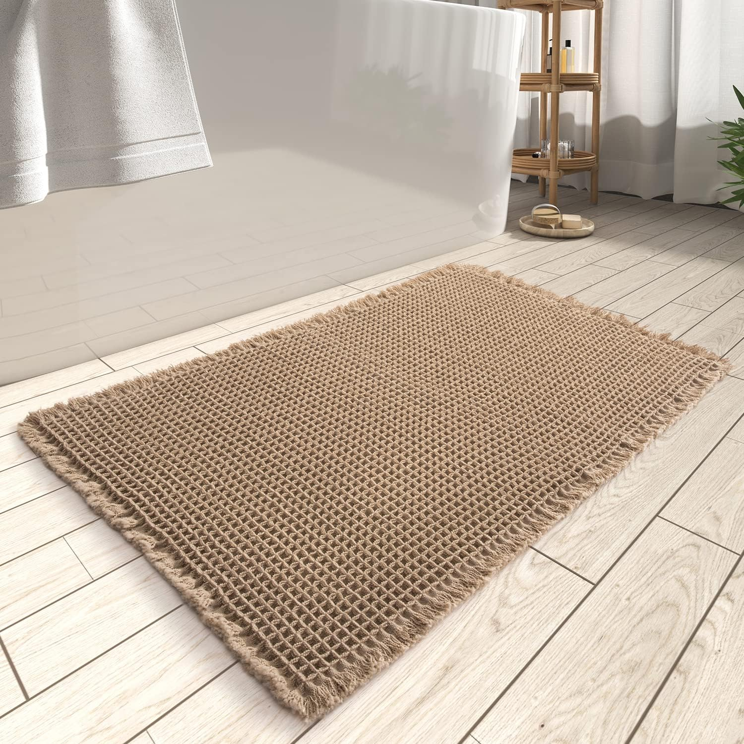Rvolst Bath Mat Rug for Bathroom Waffle Woven Bathroom Mat Super Absorbent Machine Washable Non Slip Farmhouse Boho Bathroom Rug 46X77Cm Brown