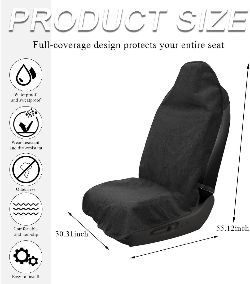 DXNQ Waterproof Car Towel Seat Cover, Sweating Non-Slip Premium Towel Carseat Cover Protector, Universal Soft Machine Washable Car Truck SUV Front Seat Cover for Gym Workout Beach Hiking (Black) - Black image number 2