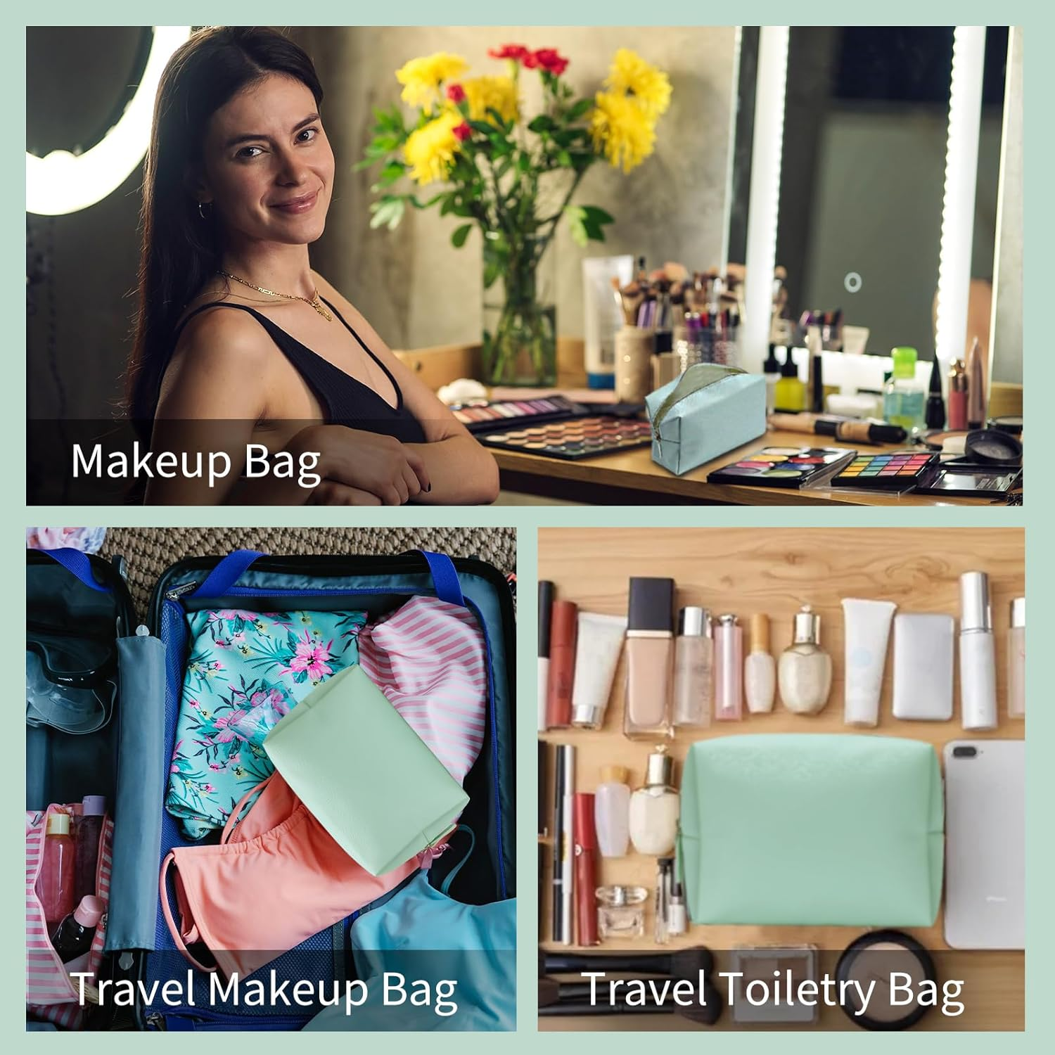 Makeup Bag Cosmetic for Women, Small Purse Pouch Waterproof PU Leather Portable Versatile Fashion Zipper, Green