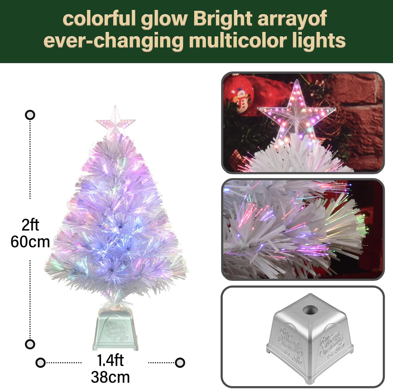 24Inch White Fiber Optic Christmas Tree,Pre-Lit Artificial Mini Christmas Tree, Tabletop Small Xmas Tree with Stars Holiday Home Decorations image number 4