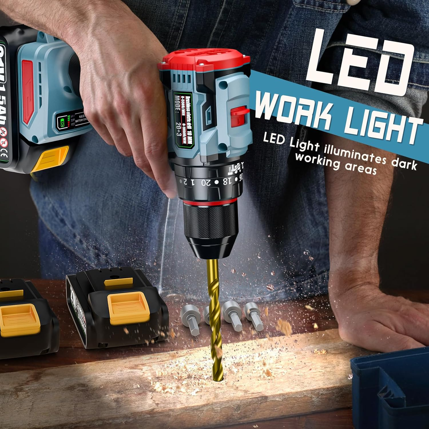 21V Cordless Drill, Brushless Power Drill Set with 2 Batteries and Charger,3/8-Inch Chuck Electric Drill Driver,20+3 Torque Setting,32 Pcs Drill/Driver Bits and Tool Set image number 3