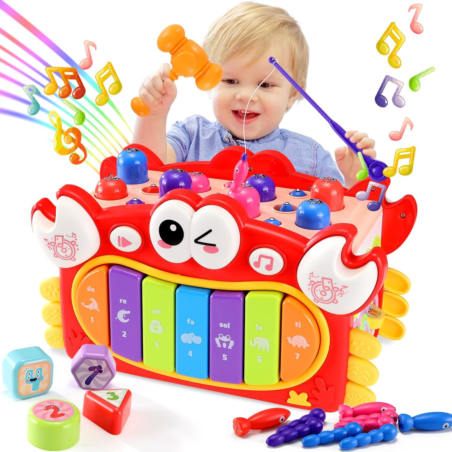 15 in 1 Crab Activity Cube Toy, Hammering Pounding Toys with Music Lights, Montessori Educational Learning Toys for 3 Years Old Girl Birthday (Orange)