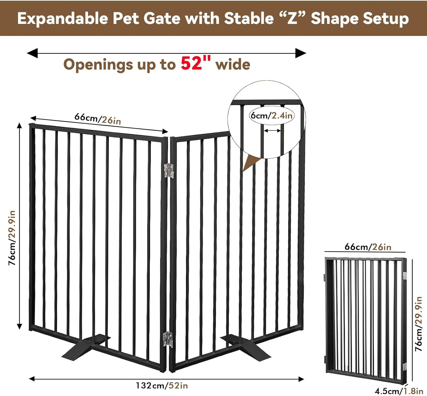 2 Panels Metal Dog Gate for Doorways Folding Pet Barrier, Adjustable Indoor Outdoor Dogs Fence with Support Feet Freestanding Dog Gates Indoor, Black, 132&times;76 Cm image number 3