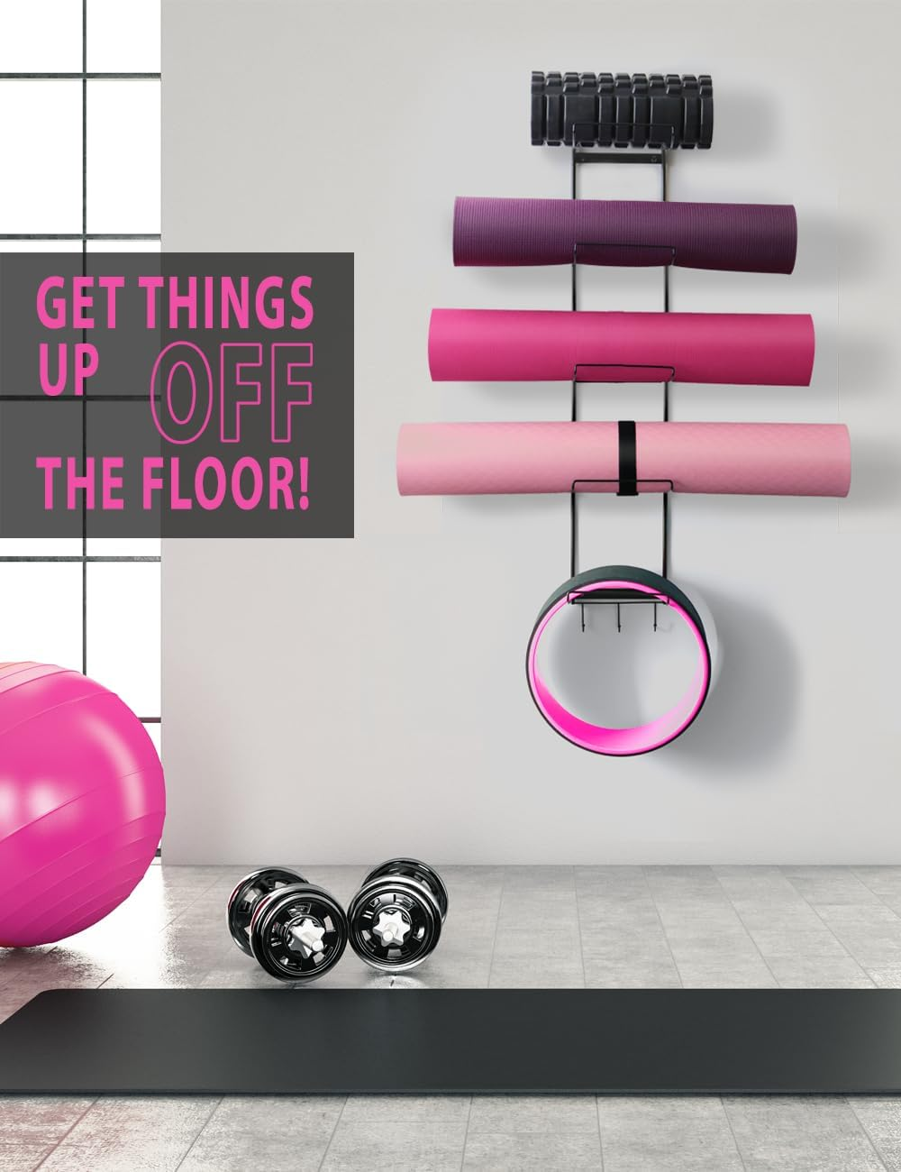 5-Tiers Yoga Mat Holder Wall Mount, Metal Storage Rack for Mat/Wheels, Foam Roller and Block, with 3-Hooks for Hanging Stretching Strap, Resistance Bands, Accessories image number 1