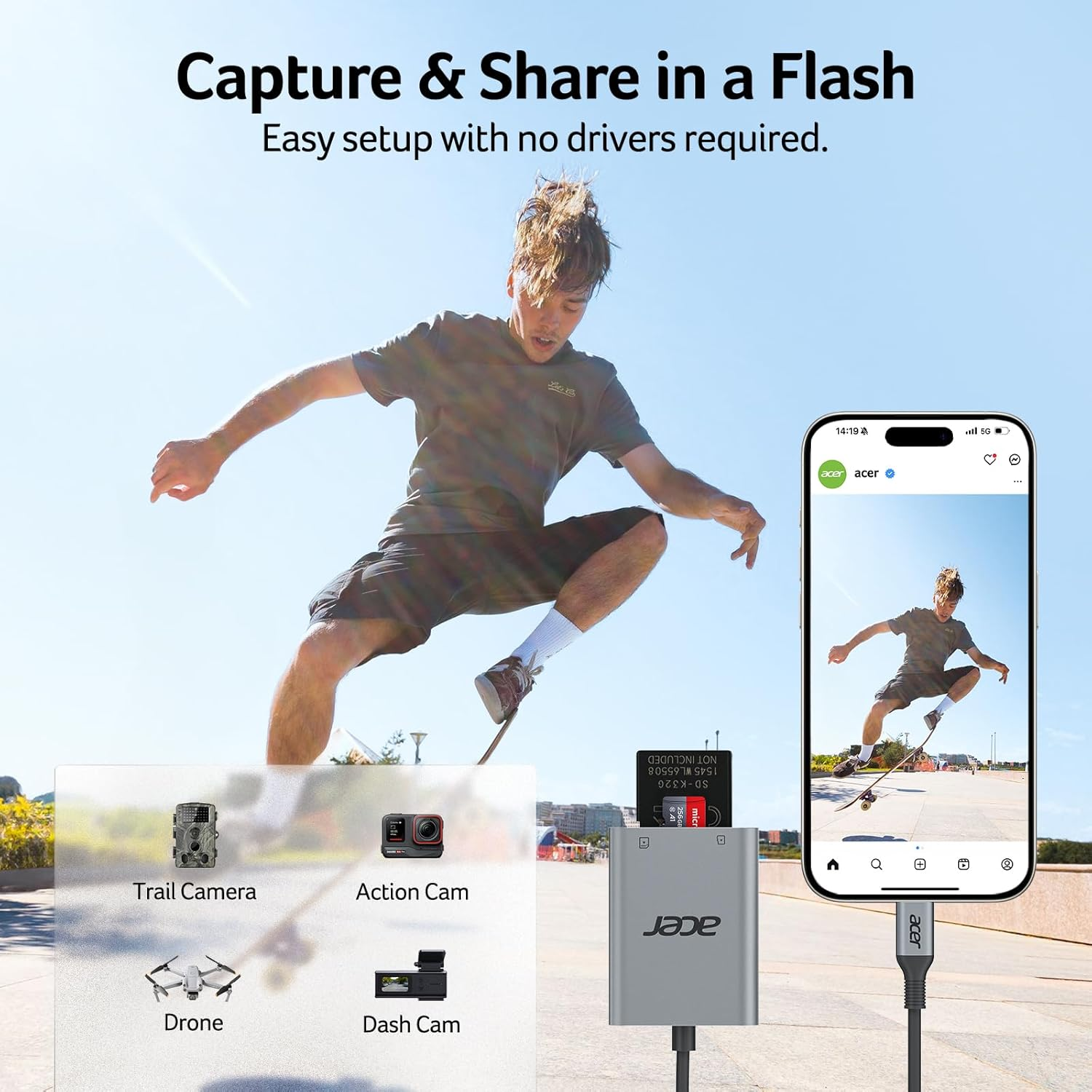 Acer USB C SD Card Reader, Micro SD Card Adapter with Cord, Aluminum Case, OTG, Memory Card Reader for SDHC SDXC, Compatible with Laptop Iphone 16/15, Macbook Pro/Air, Ipad Pro, PC, Android image number 3