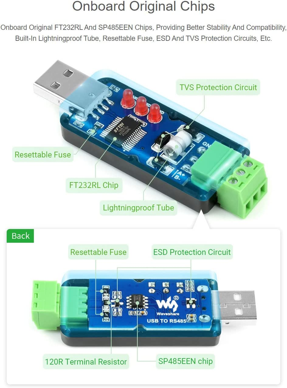 Waveshare Industrial USB to RS485 Converter with Original FT232RL and SP485EEN Embedded Protection Circuits for Industrial Control Equipments And/Or Applications with High Communication Requirement image number 4