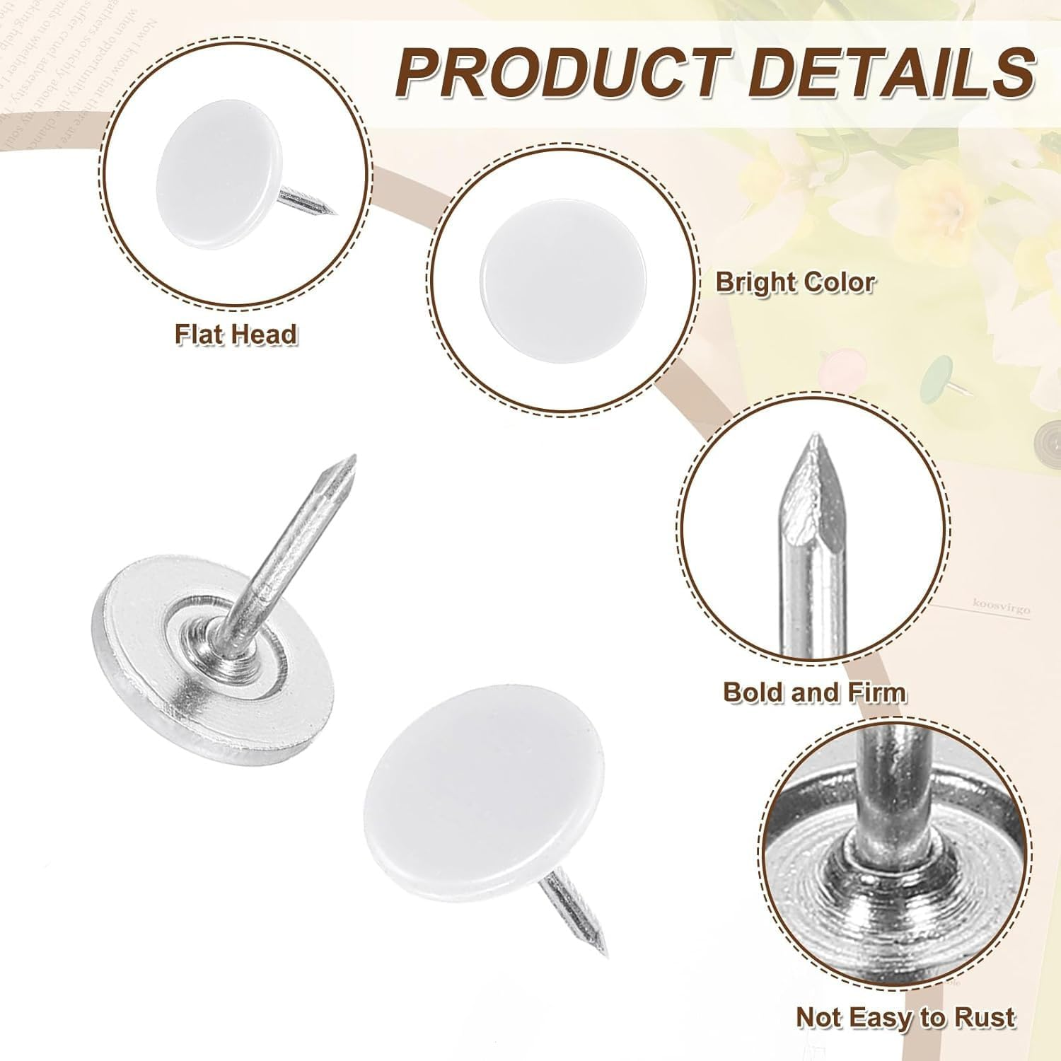 Yharnamite 100Pcs Upholstery Tacks, 11 X 13Mm Flat Head Thumb Tack Decorative Furniture Nails Push Pins for Furniture, Sofa, Headboards (White) - Black image number 5