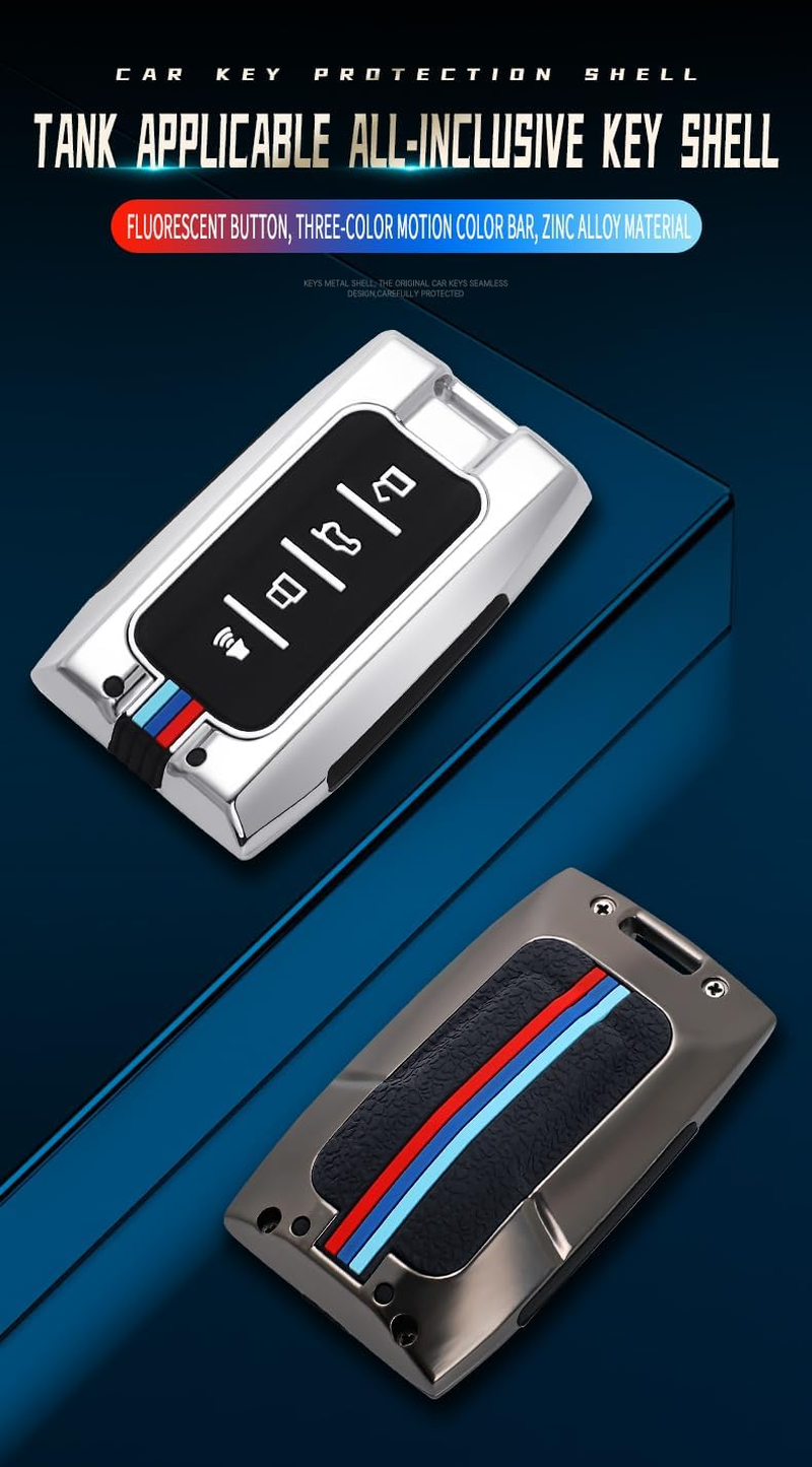 Zinc Alloy Key Fob Cover with Keychain Fit for Tank 300 500 Tank300 Tank500 4 Button Car Key Case Key Cover Silver