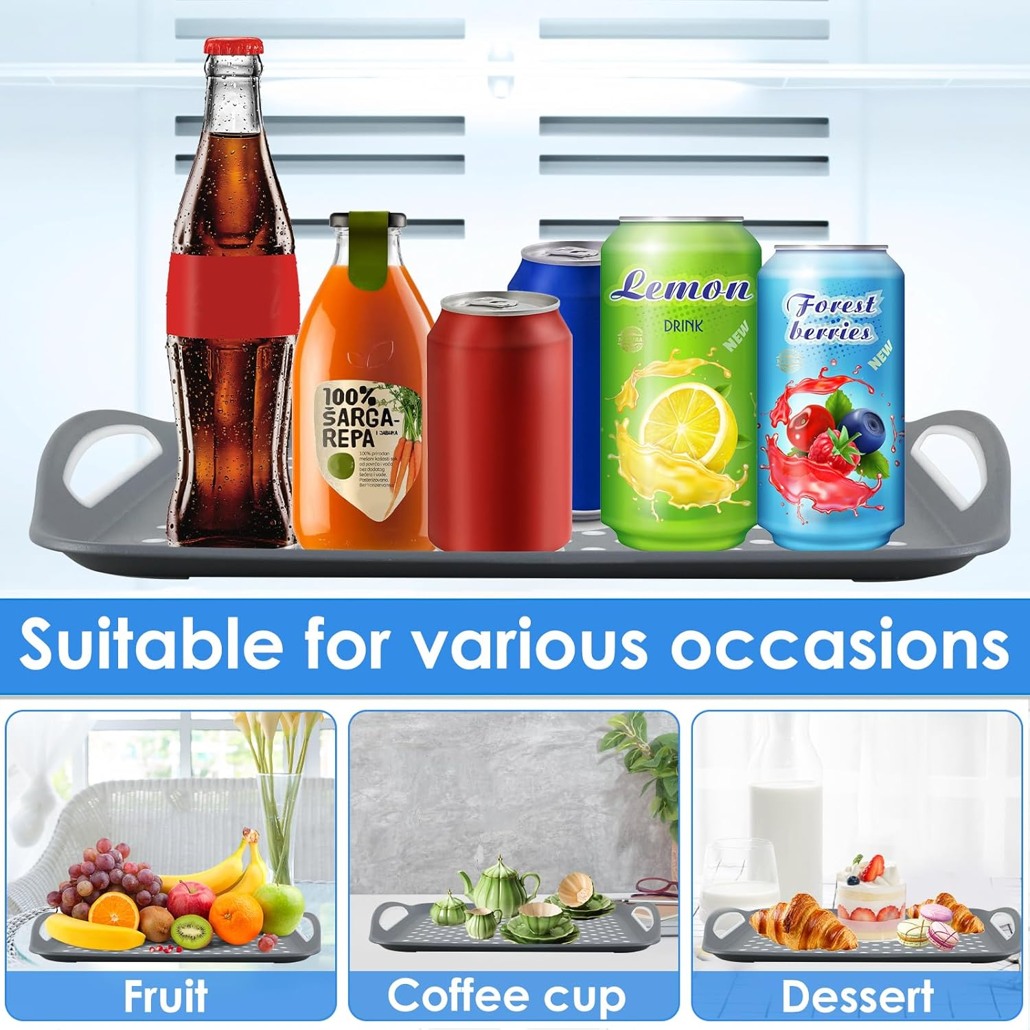 2Pcs Non-Slip Food Serving Tray with Handle 17.7&times;12.6 Inch Rectangle Gripping Nubs Food Trays Shatterproof Plastic Dinner Trays Non-Stick Food Platter Dishwasher Safe Lap Trays for Home Kitchen ... image number 3