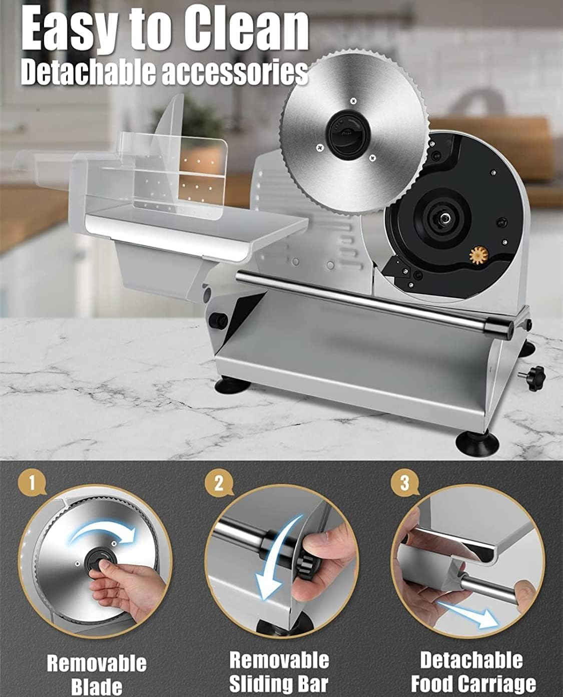 Adando Electric Meat Slicer Machine: Deli Meat Slicer Food Processors with 3 Stainless Steel Blades - Adjustable Thickness Easy Clean - Meat Chopper for Kitchen/Commercial Use - for Meat Cheese Bread image number 5