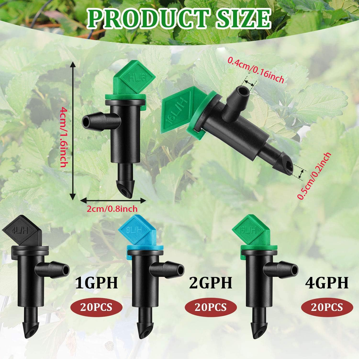 HOINCO 60 Pieces Drip Emitter, 3 Sizes Garden Flag Irrigation Dripper Emitter, Trees and Shrubs, per Hour1 GPH, 2 GPH, 4 GPH image number 4