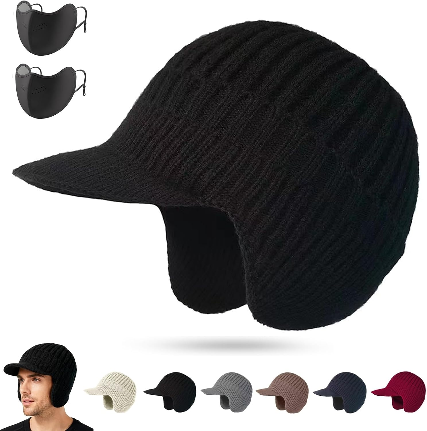 LAPQEND Cozy Head Beanie, 2026 New Winter Beanies Hat with Brim Ear Flaps, Warm Fleece Lined Knit Hat Unisex