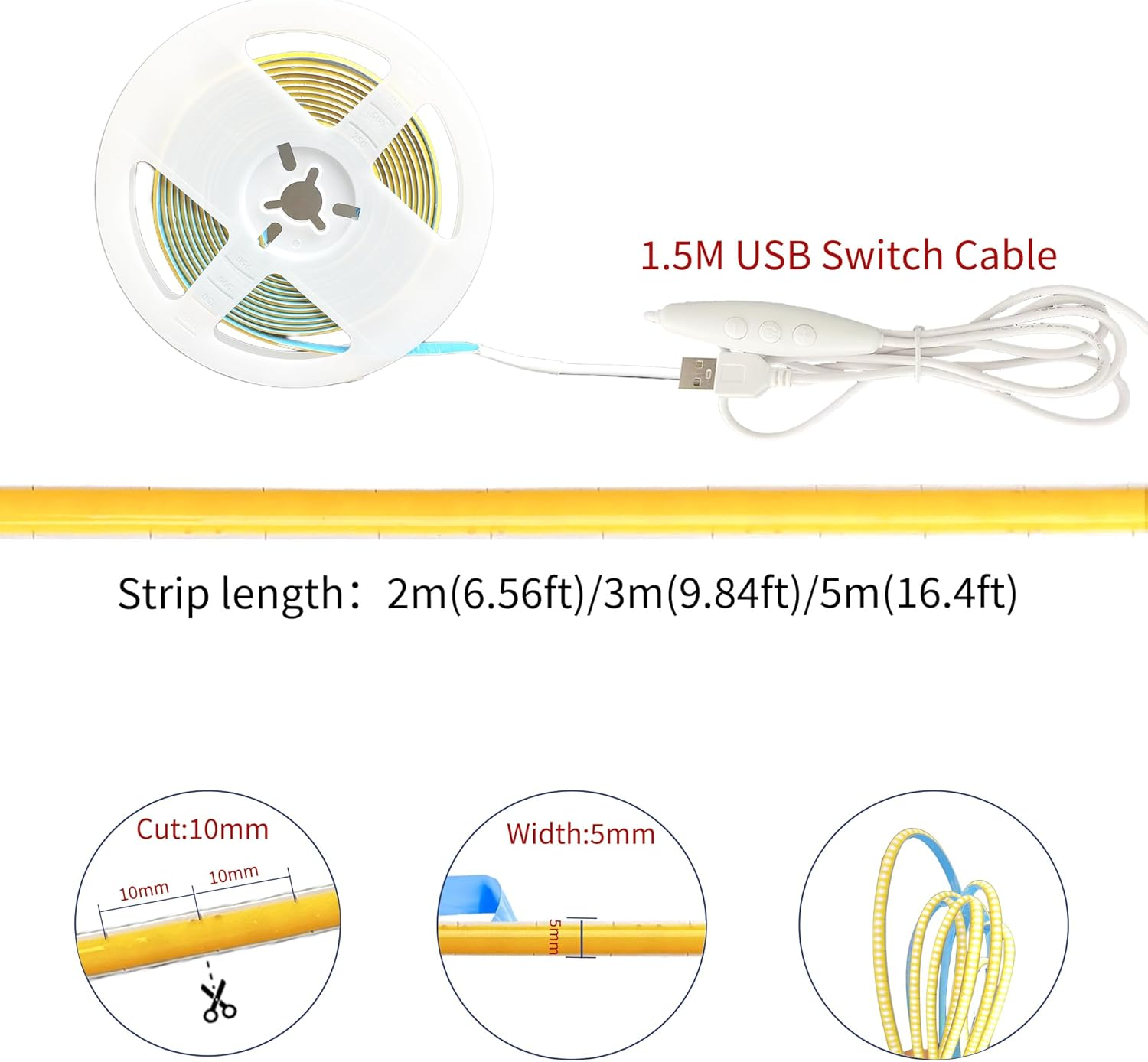 Clearhill 5V USB COB LED Strip Lights with Dimmable Switch,6.56Ft/2M,Warm White 3000K,320Leds/M,5Mm Width,Not Waterproof IP20,1.5M USB Switch Cable,For DIY Home Indoor Decoration image number 3