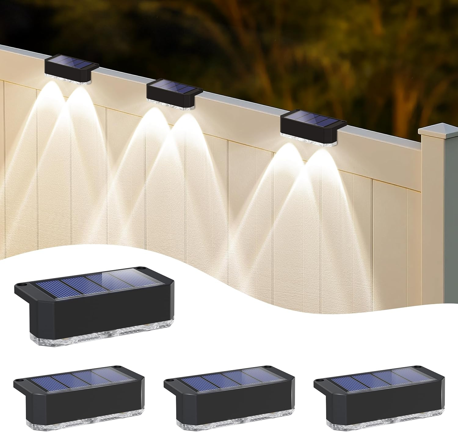 Peasur Pack of 4 Solar Lights for Outdoors, Solar Fence Lights, Outdoor Light, Waterproof Solar Light Fence, Solar Wall Light Outdoor for Steps, Patio, Stairs, Balcony (Cool White) image number 1