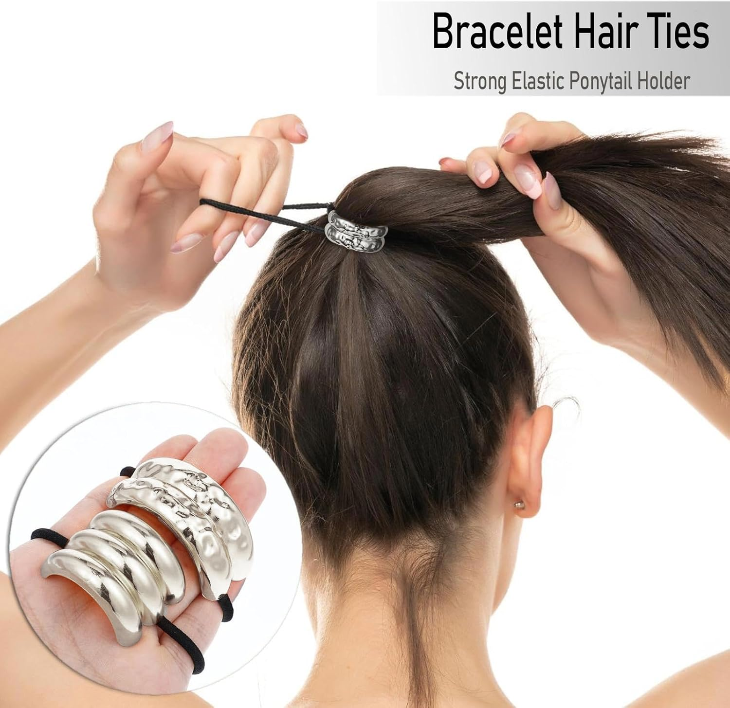 YUBBYSTU 3 Pcs Hair Cuffs for Ponytails, Metal Hair Ties for Thick Hair Ponytail Hair Cuff Silver Hair Ties Hair Wrap Hair Elastic Ties for Women Holder Hair Accessories image number 4