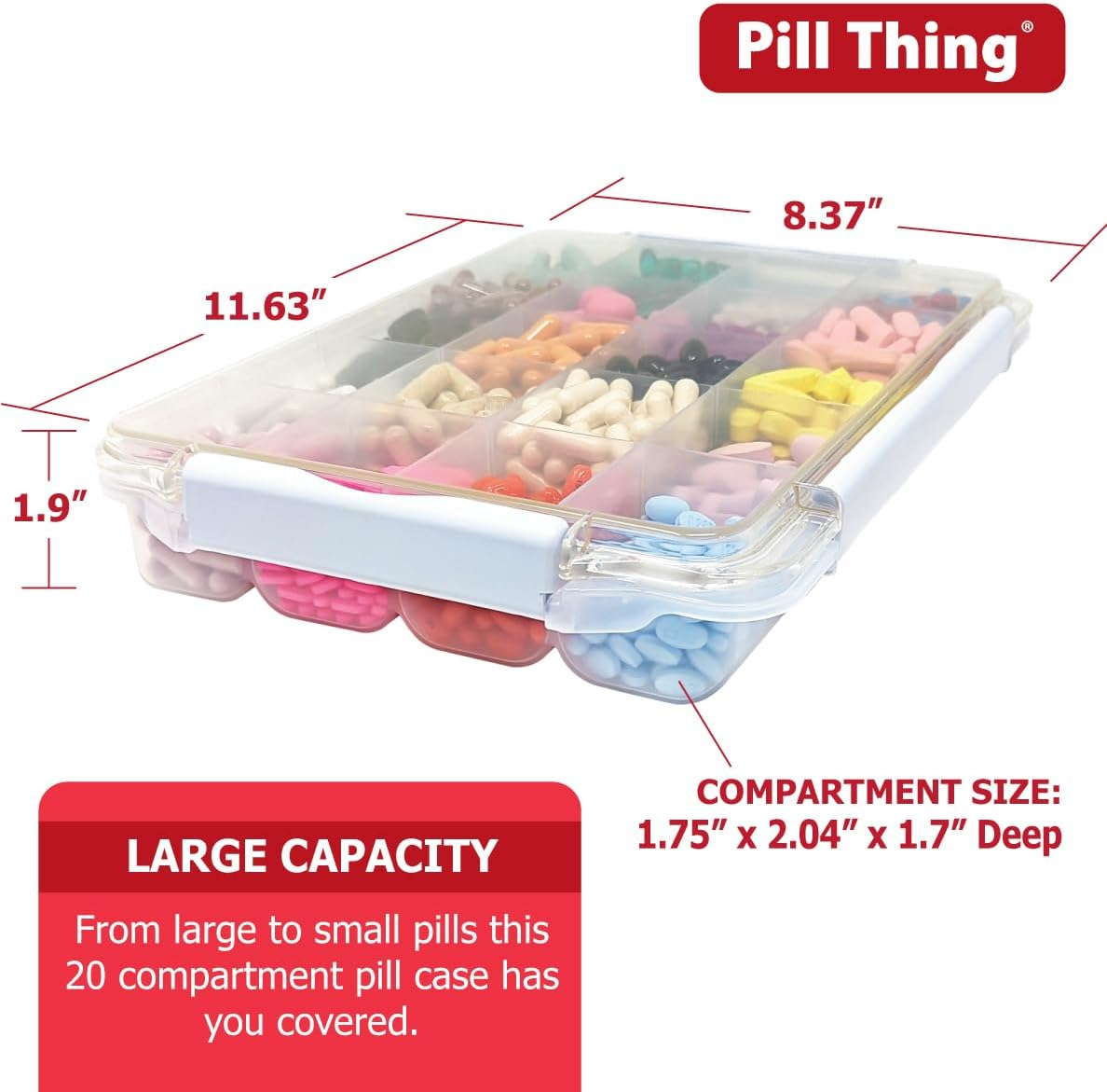 20 Compartment Large Pill Case with Airtight Seal - Silicone Gasket Waterproof Med Box with Medication Map (20 Compartment, 1 Pack)