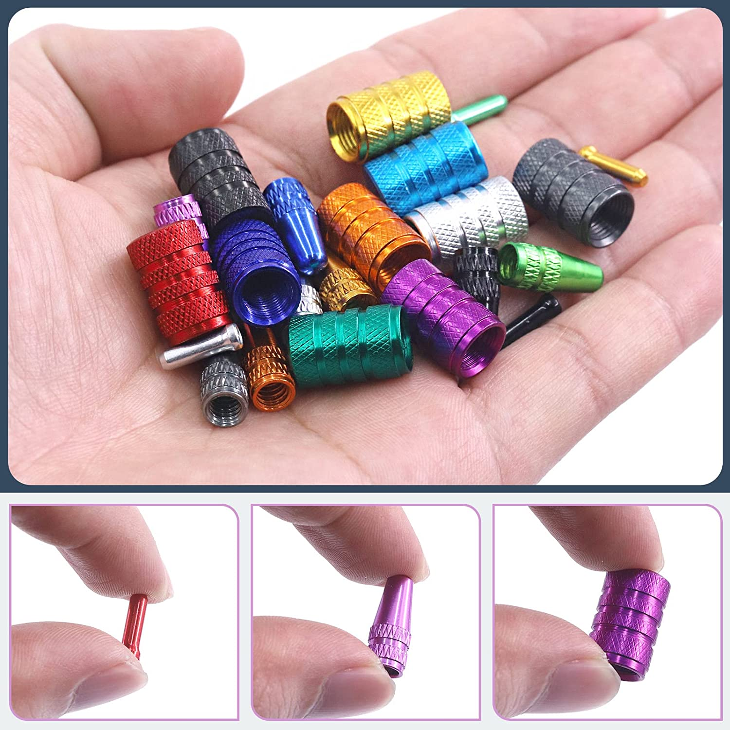 Swpeet 64Pcs 3 Styles Bike Cable End Caps Assortment Kit, Multi Color Anodized Aluminum Alloy Cycling Valve Cap Adapter Cap Bicycle Bike Tire Caps for Bicycle Bike Tire Caps image number 5