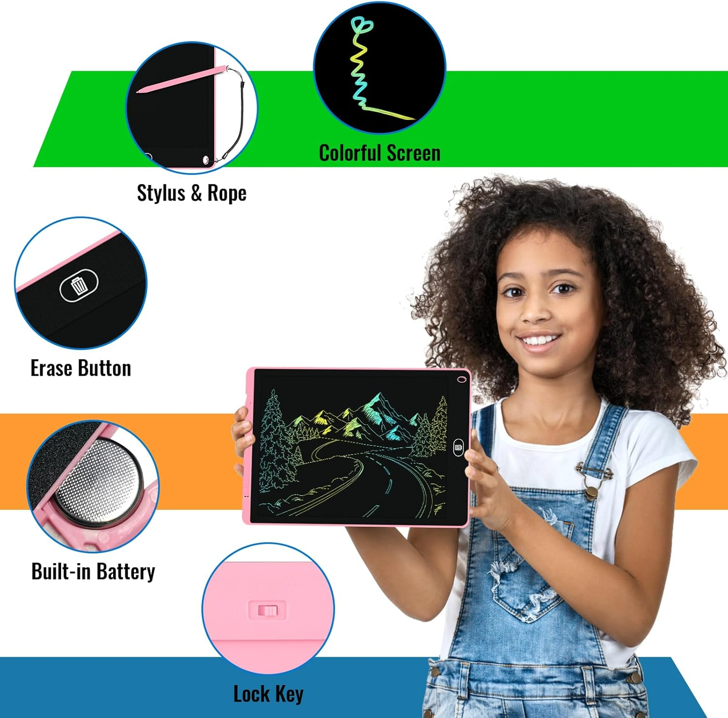 Electight 2 Pack LCD Writing Tablet for Kids, 12 Inch Colorful Doodle Board with Stylus, Eye Care Drawing Board with Lock/Delete FUNC, Portable Drawing Tablet for 3+ Years Old Boys Girls (Pink, Pink) image number 4