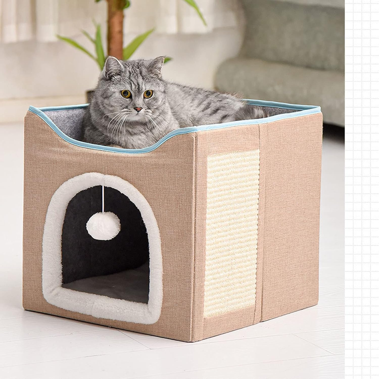 Cat House, Foldable Enclosed Warm Breathable Cat Cave Bed with Scratcher Plush Ball, Machine Washable Cat Beds Resistant Bottom Collapsible Outdoor Cat House for Cats (Apricot)