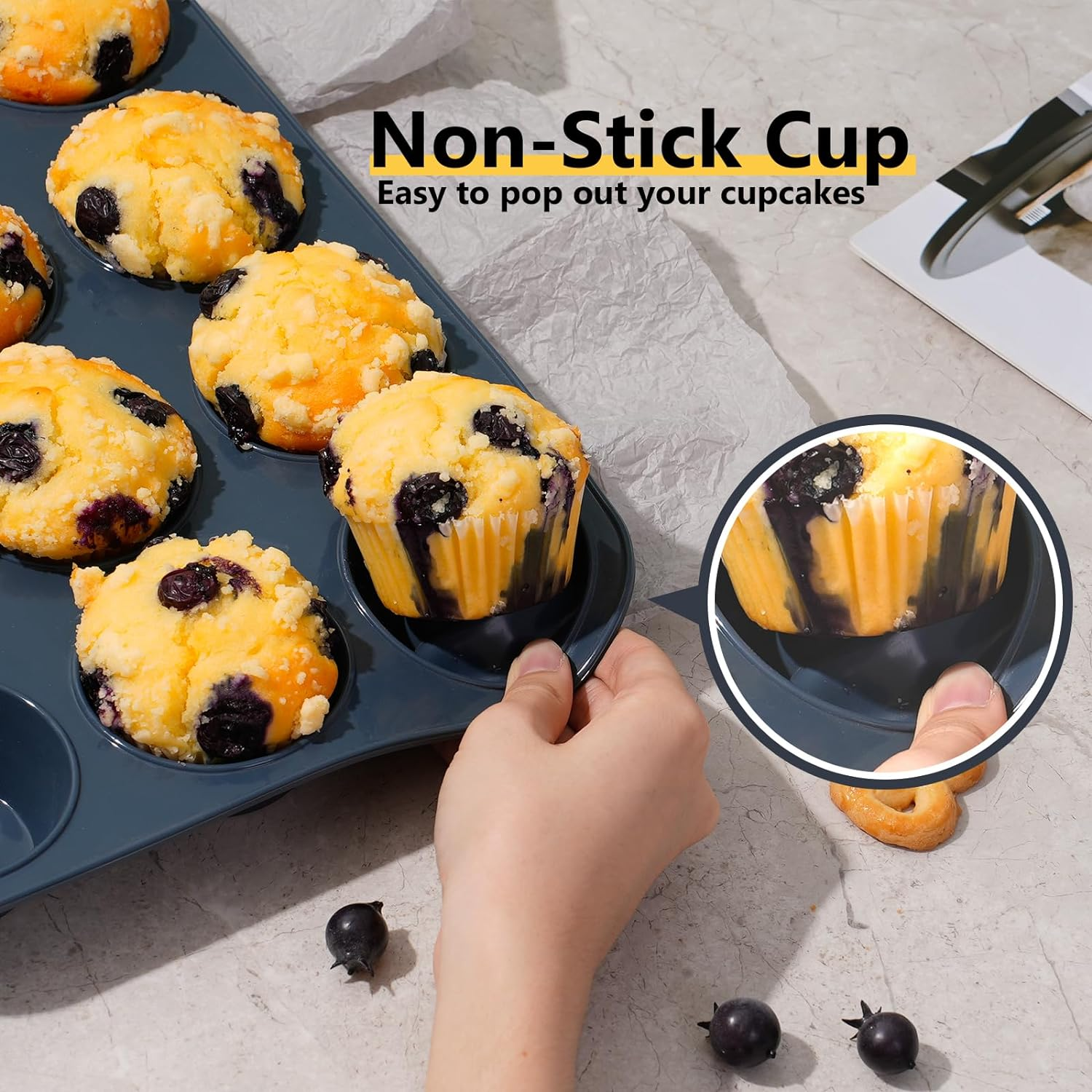 2 Pack Large Silicone Muffin Baking Pan & Cupcake Tray 12 Cup - Nonstick Cake Molds/Tin, Silicon Bakeware, BPA Free, Dishwasher & Microwave Safe by Folksy Super Kitchen (Grey) image number 4