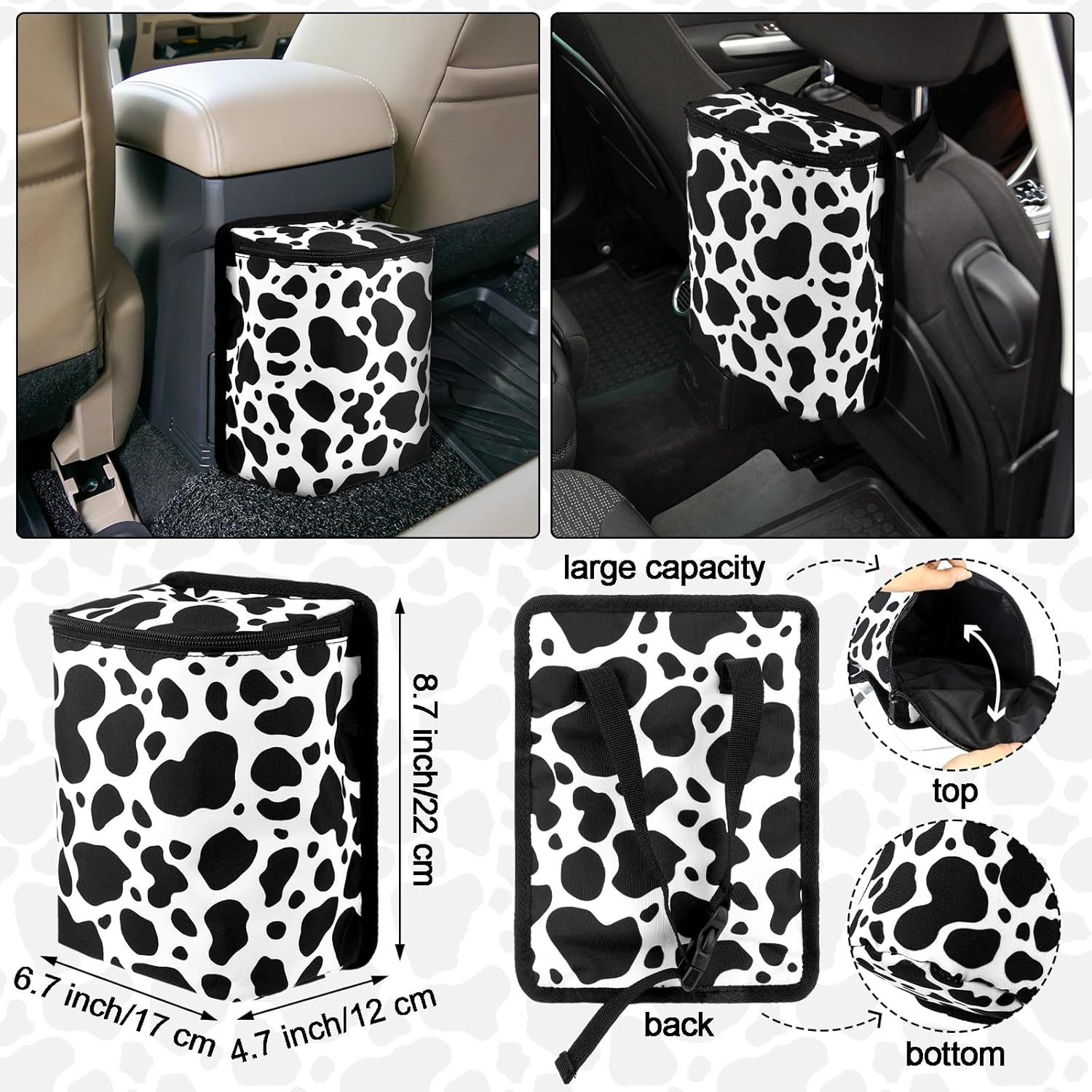 Datanly 16Pcs Cow Print Car Seat Cover Full Set for Women Men Car Seat Accessories Protector Steering Wheel Armrest Pad Belt Pads Mirror Cover for Most Sedan SUV Van (White, Black)