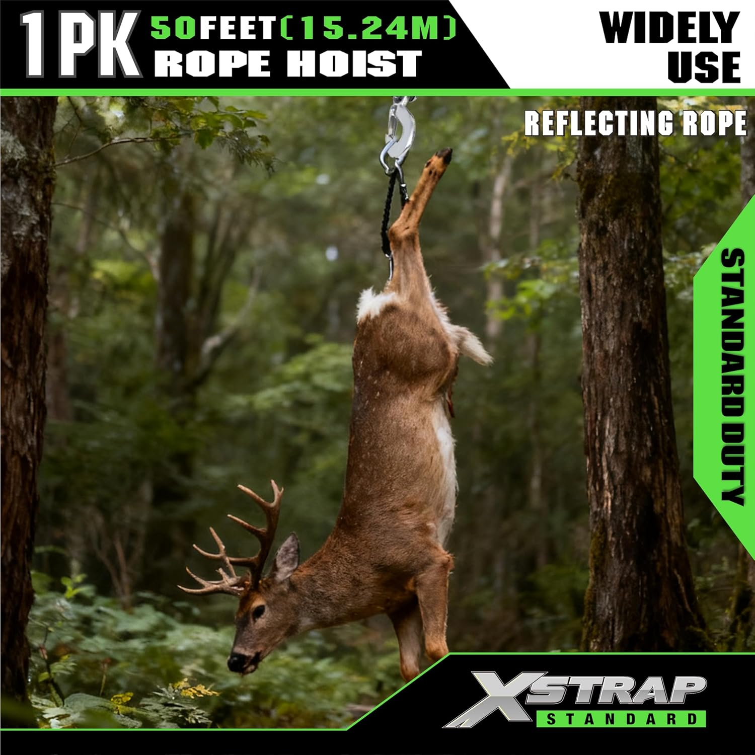 XSTRAP Standard Heavy-Duty 2,000LB Reflective Rope Hoist Pulley 50 Feet Wheel Block and Tackle System with 2PK 18 Inch Soft Loops for Animal Husbandry, Garage, Warehouse, Constructions image number 4