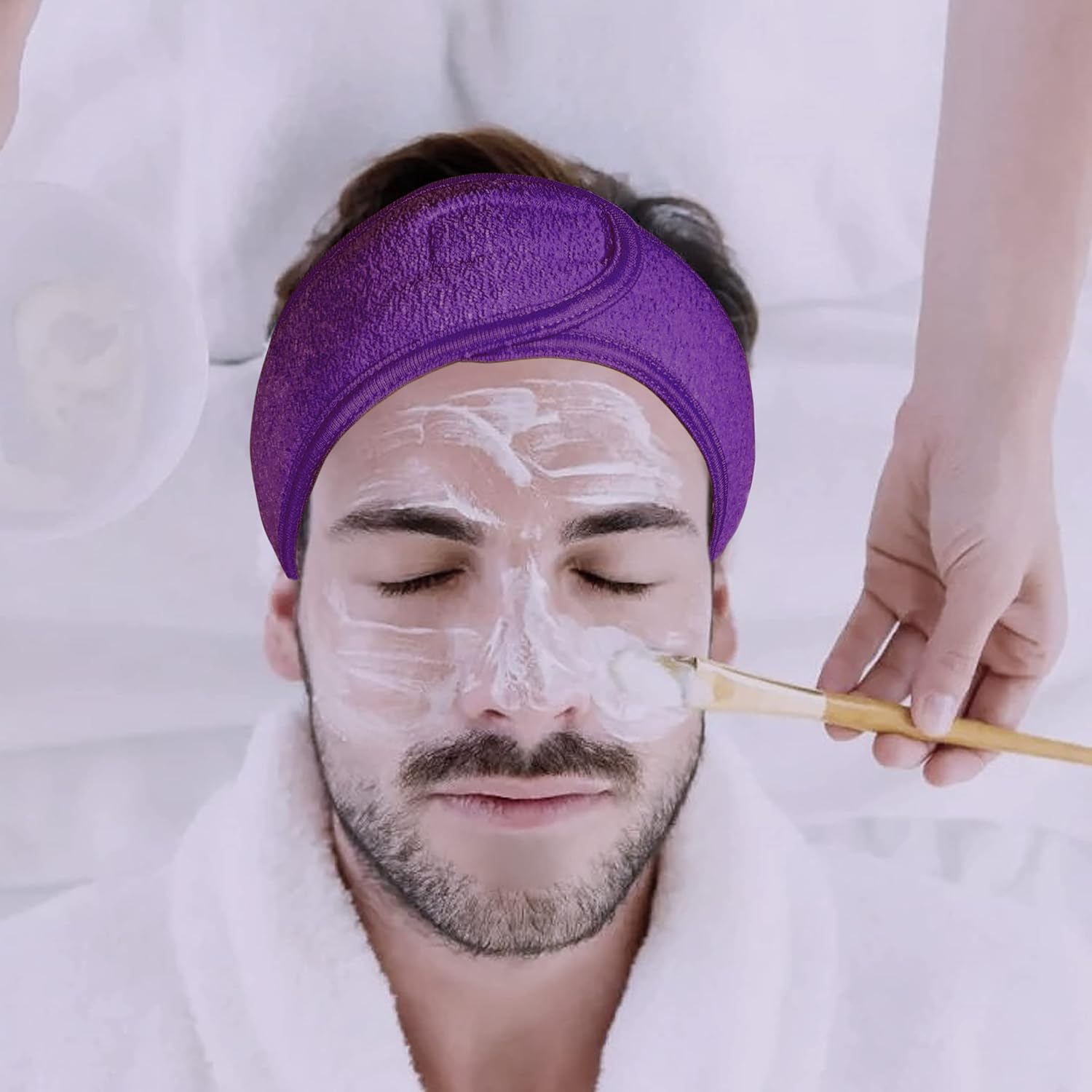 Facial Spa Headbands 4Pcs, Makeup Shower Bath Wrap Sport Headband Terry Cloth Stretch Towel with Magic Tape (Blue, Mint Green, Purple, Rose) - White image number 6