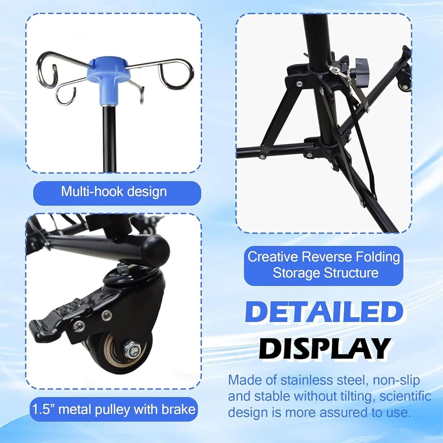 Iv Pole with Wheels | Mobile Iv Stand with Bottle Hook,Nursing Bed Foldable Hospital Equipment with Wheel for Healthcare Travel Daily Indoor Outdoor Elderly Home Clinics image number 4