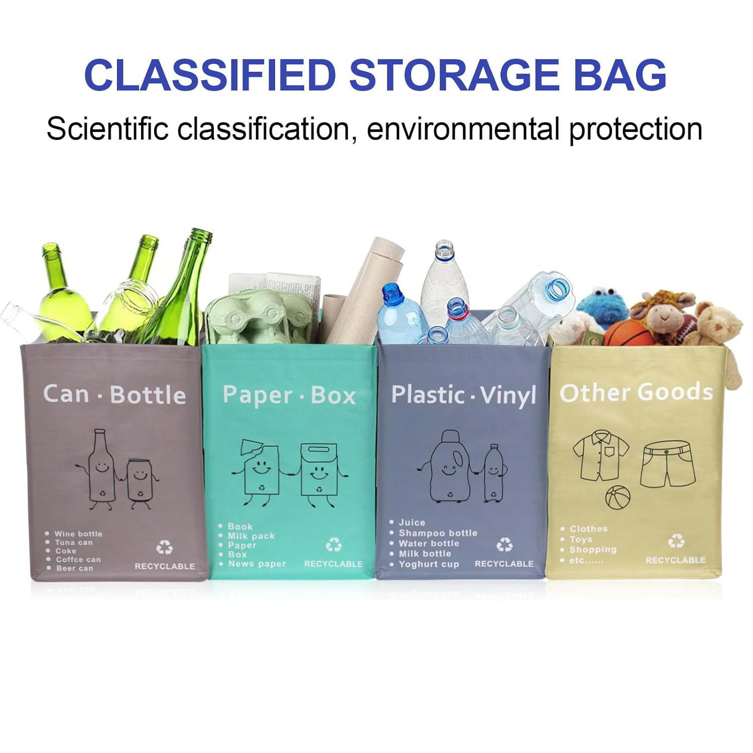 BOMEI Modern House Separate Recycling Waste Bin Bags for Kitchen Home Recycle Garbage Trash Sorting Bins Organizer Waterproof Baskets Compartment Container (Big Size 4 Bags Set)