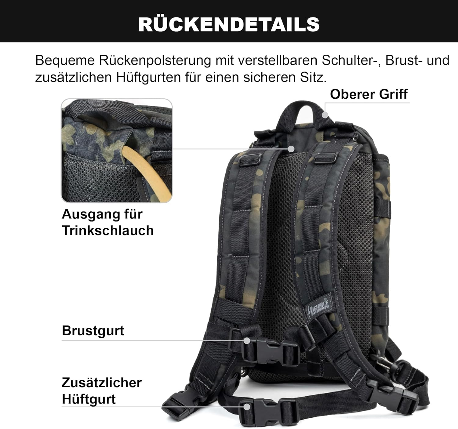 Magforce Hiking Backpack Task Force Lightweight Travel Backpack 500D Nylon Outdoor Backpack with Large Capacity, Wide Opening, Multiple Compartments and Zipper image number 4