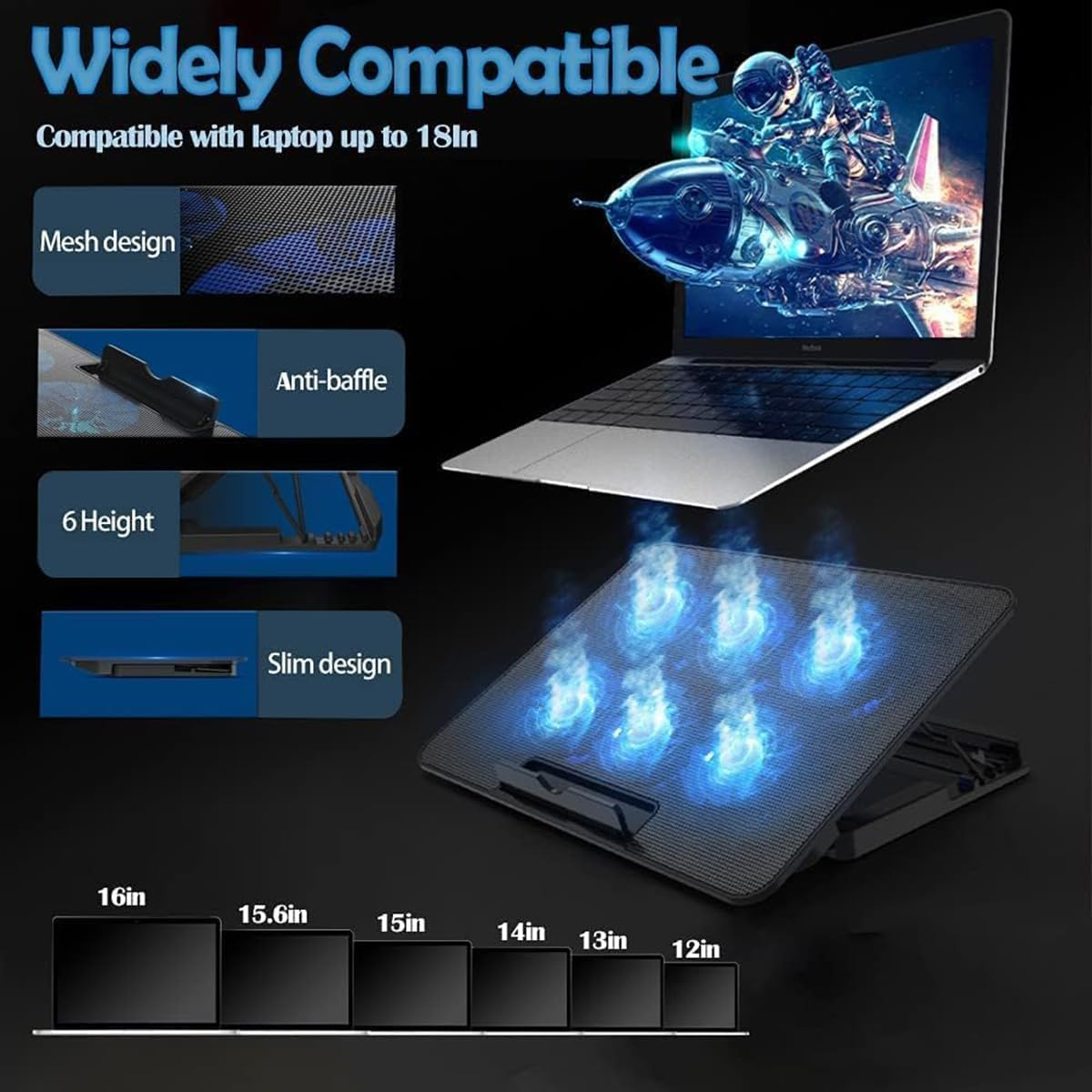 Portable Computer Stand， 6 Quiet Cooling Fans and 6 Height Adjustable Dual USB Powered Gaming Laptop Cooling Stand for 12-17 Inch Laptop