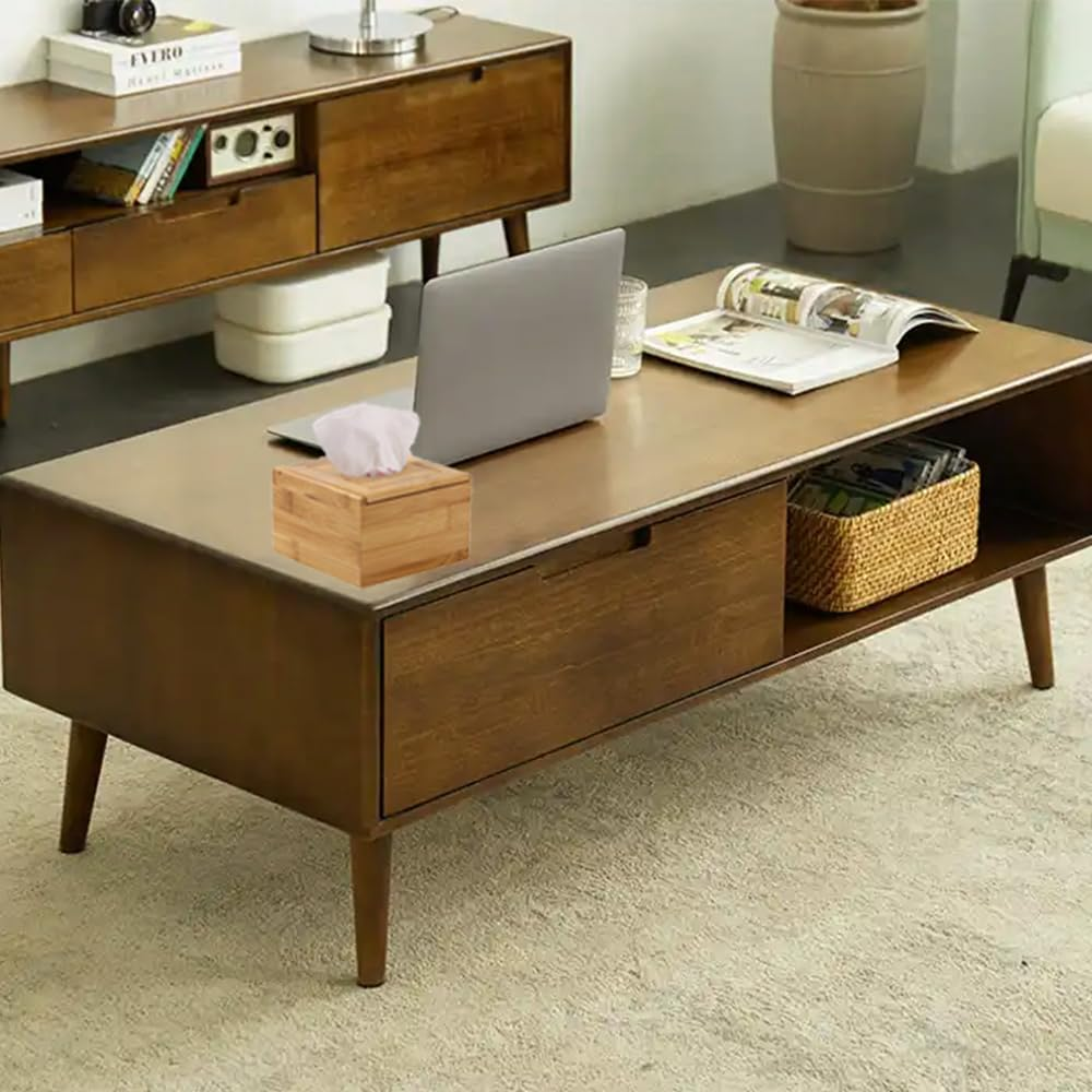 Wooden Square Tissue Box Cover, Bathroom Organizer Basket, Eco-Friendly Bamboo Toilet Paper and Towel Holder, Brown Stylish Home Storage