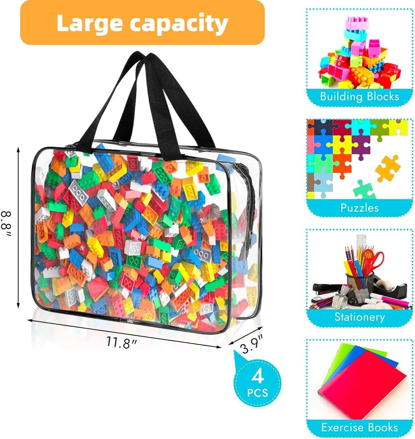 6 Packs Clear PVC Toy Storage Bags with Zipper，Waterproof Toy Bags for Board Games, Building Blocks, Board Game, Stationery, Kids Books (6) image number 5